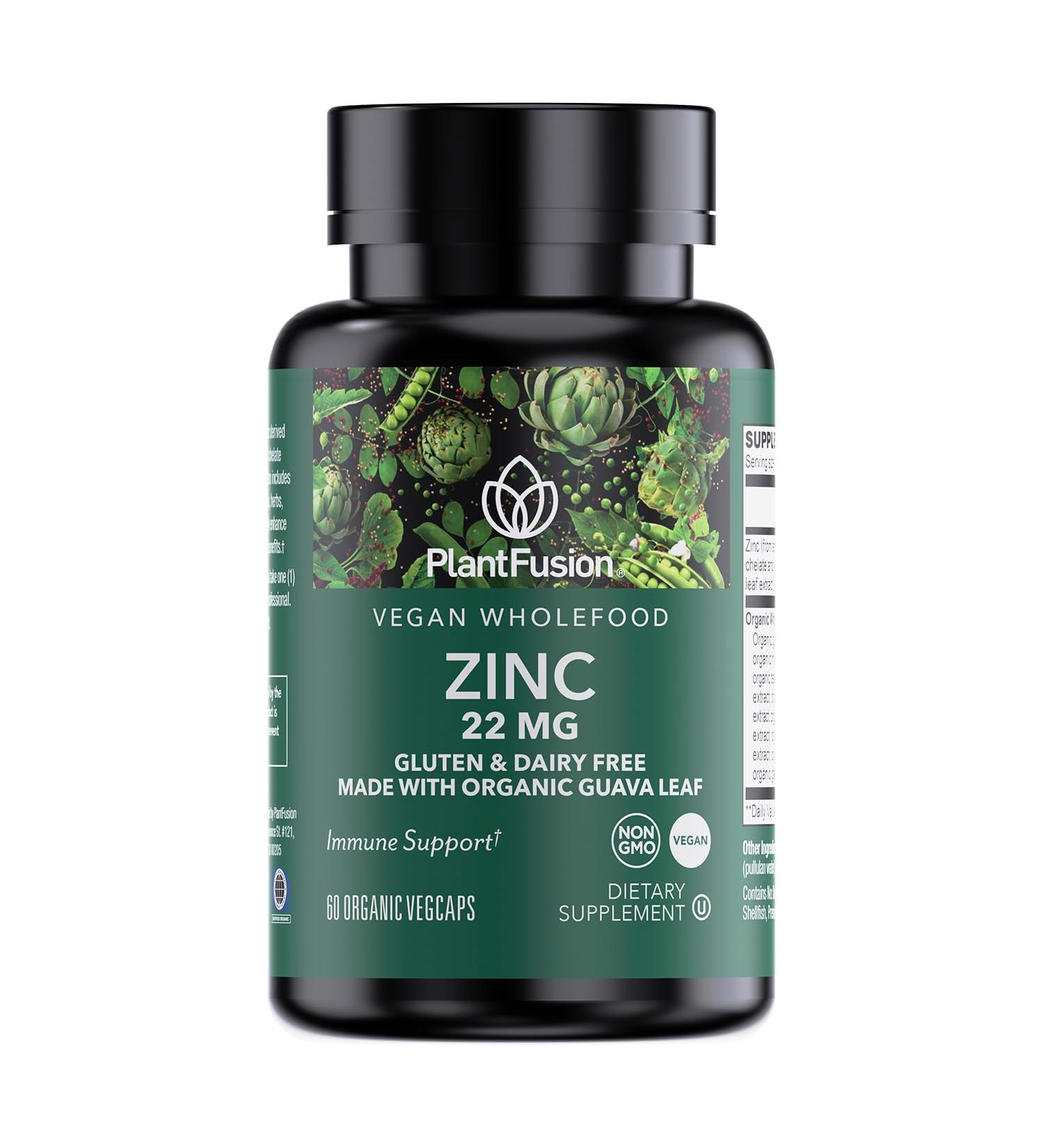 PlantFusion Vegan Zinc Supplements 22 mg Wholefood Complex Chelated Zinc Citrate from Organic Guava Leaf for Immune Support 60 Capsules - Buy Online on GoSupps.com