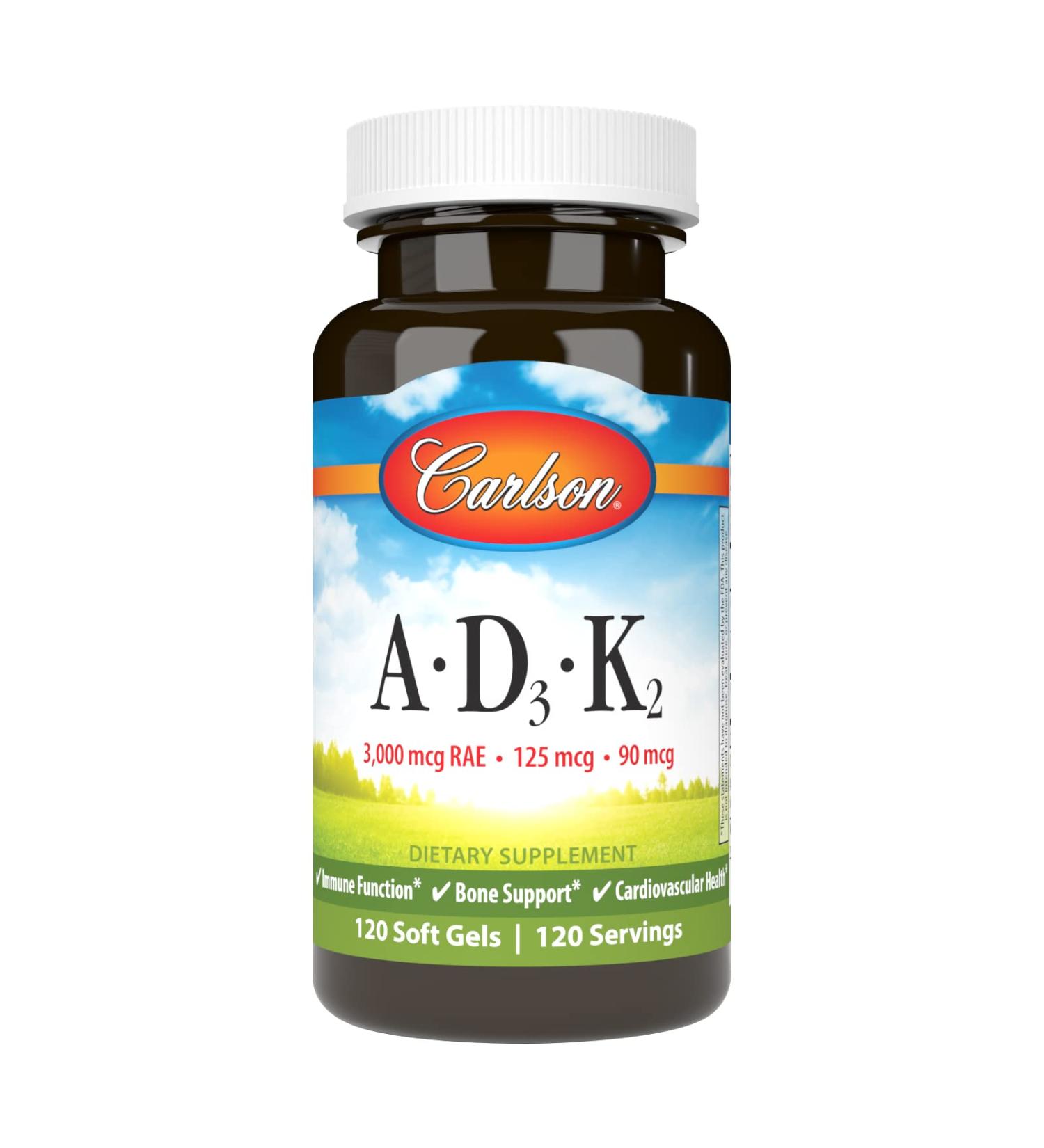 Carlson - Vitamins A D3 K2 3000 mcg RAE Vitamin A 125 mcg Vitamin D3 90 mcg Vitamin K2 as MK-7 Bone Building Calcium Utilization 120 Soft Gels 120 Count (Pack of 1) - Buy Online on GoSupps.com