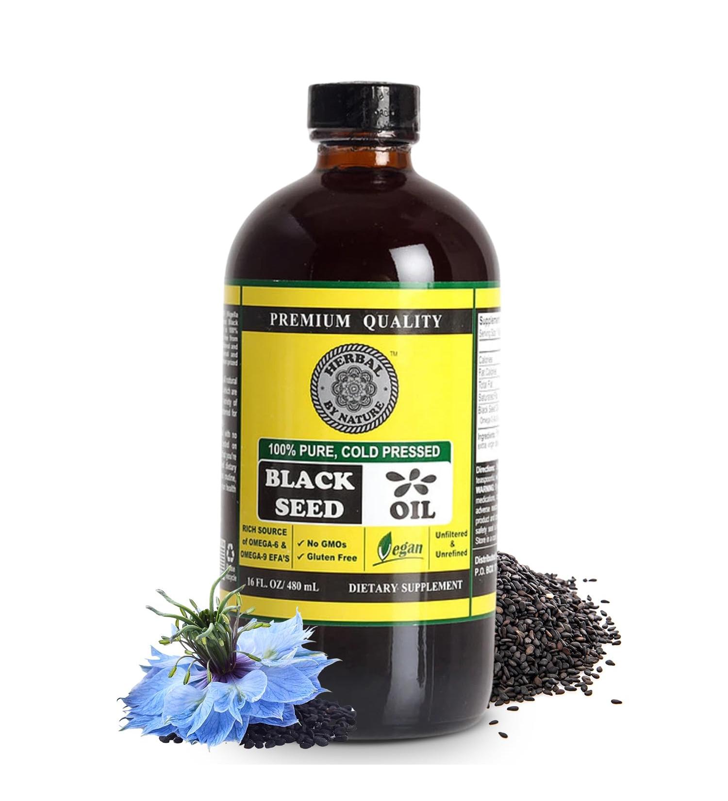 Pure Black Seed Oil - 100% Pure Nigella Sativa - Cold Pressed - Vegan - Non GMO - 16 oz - in Glass Bottle - Herbal by Nature - Buy Online on GoSupps.com