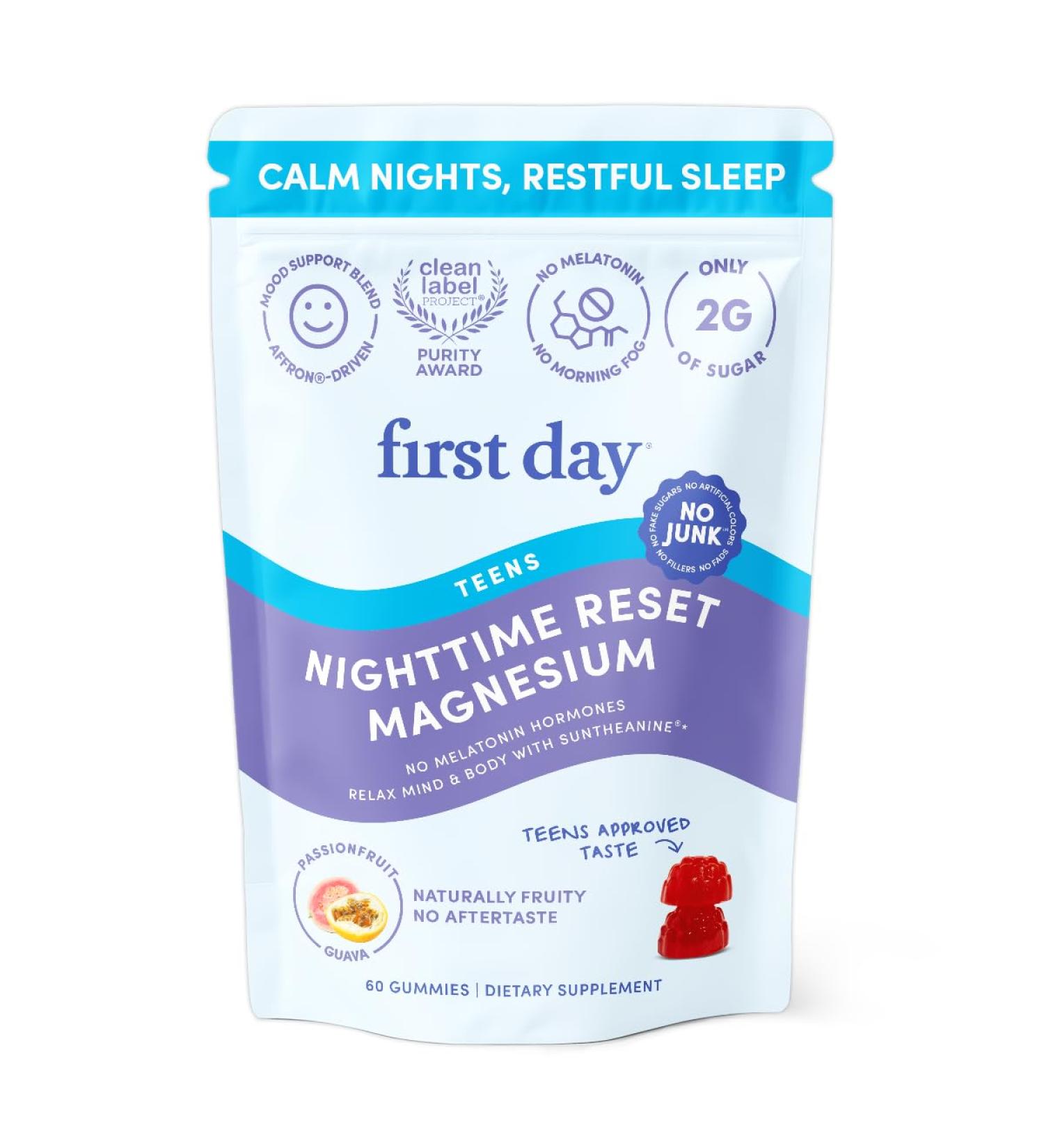 First Day Teens Nighttime Reset Calming Magnesium Gummies Sleep Aid Supports Peaceful Rest Balanced Mood & Energy Supplement with Magnesium Citrate Affron & No Melatonin 30-Day Supply 60 Count (Pack of 1) - Buy Online on GoSupps.com
