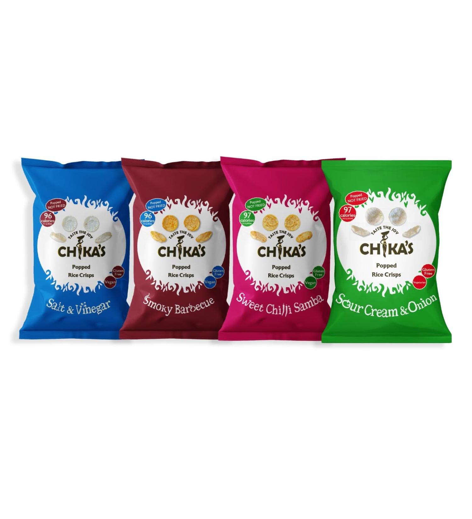 Chika s Rice Crisps Variety Pack - Salt & Vinegar BBQ Sweet Chilli Sour Cream & Onion Healthy Vegan Snack (22g x 20) - 5 of each Flavour