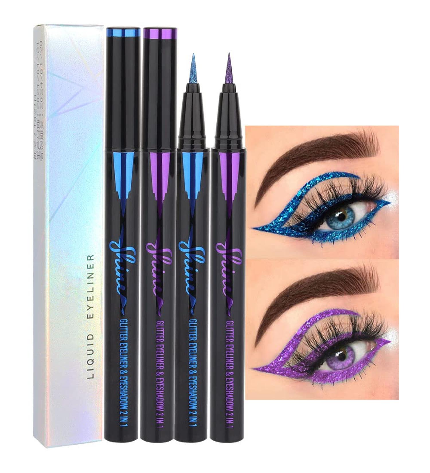 Royal Blue & Purple Glitter Liquid Eyeliner Set - Waterproof & Smudge Proof - 2Pcs Metallic Satin Finish Eye Liner Pen - Long Lasting & High Pigmented - 2 Count - Buy Online on GoSupps.com