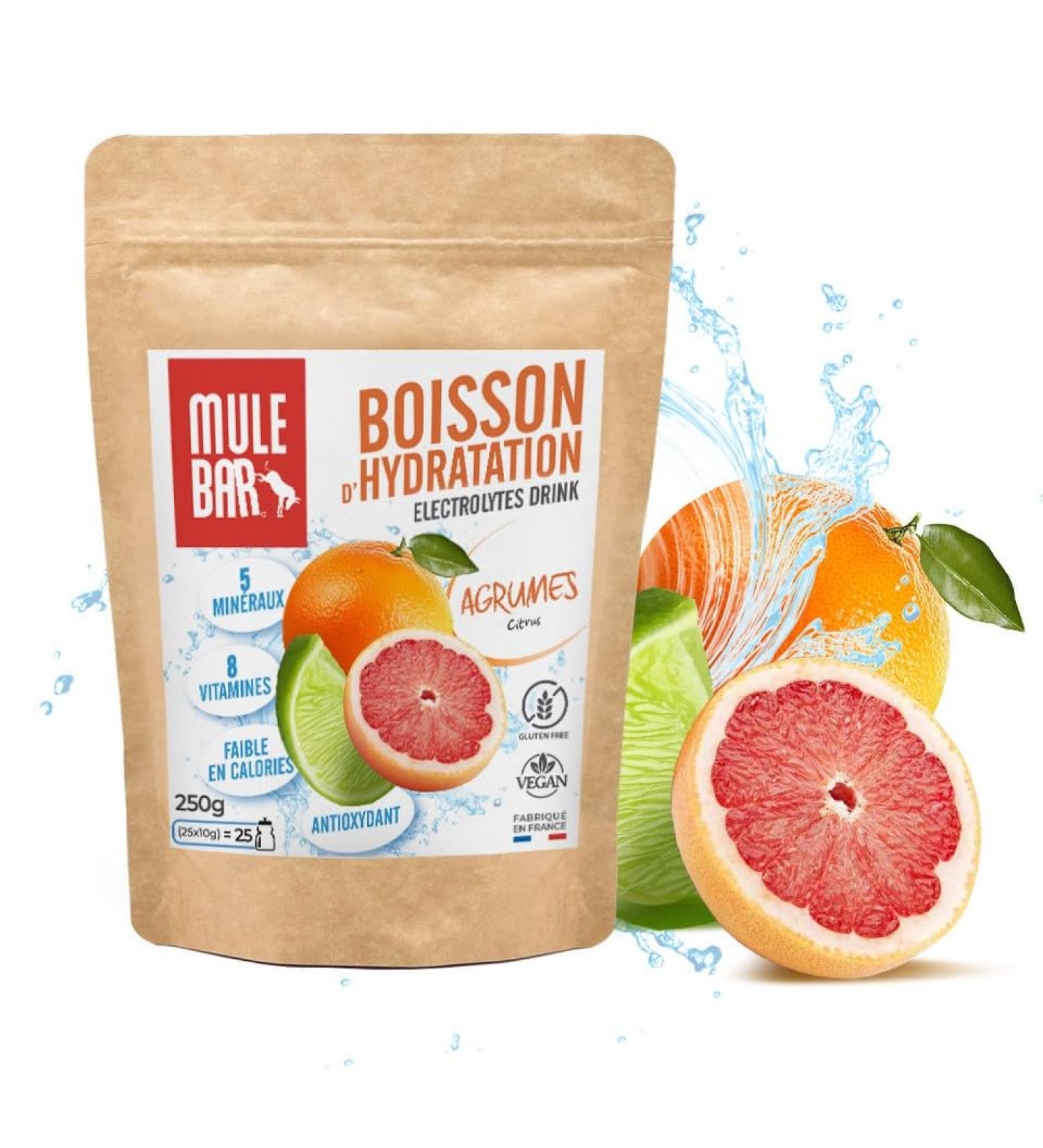 MULEBAR - Powdered Hydration Drink - Citrus - Anti-Fatigue - Antioxidant - 8 Vitamins - 5 Minerals - Electrolytes - Very Low Sugar Taste - Easy to Digest - Made in France - 250gr - Buy Online on GoSupps.com