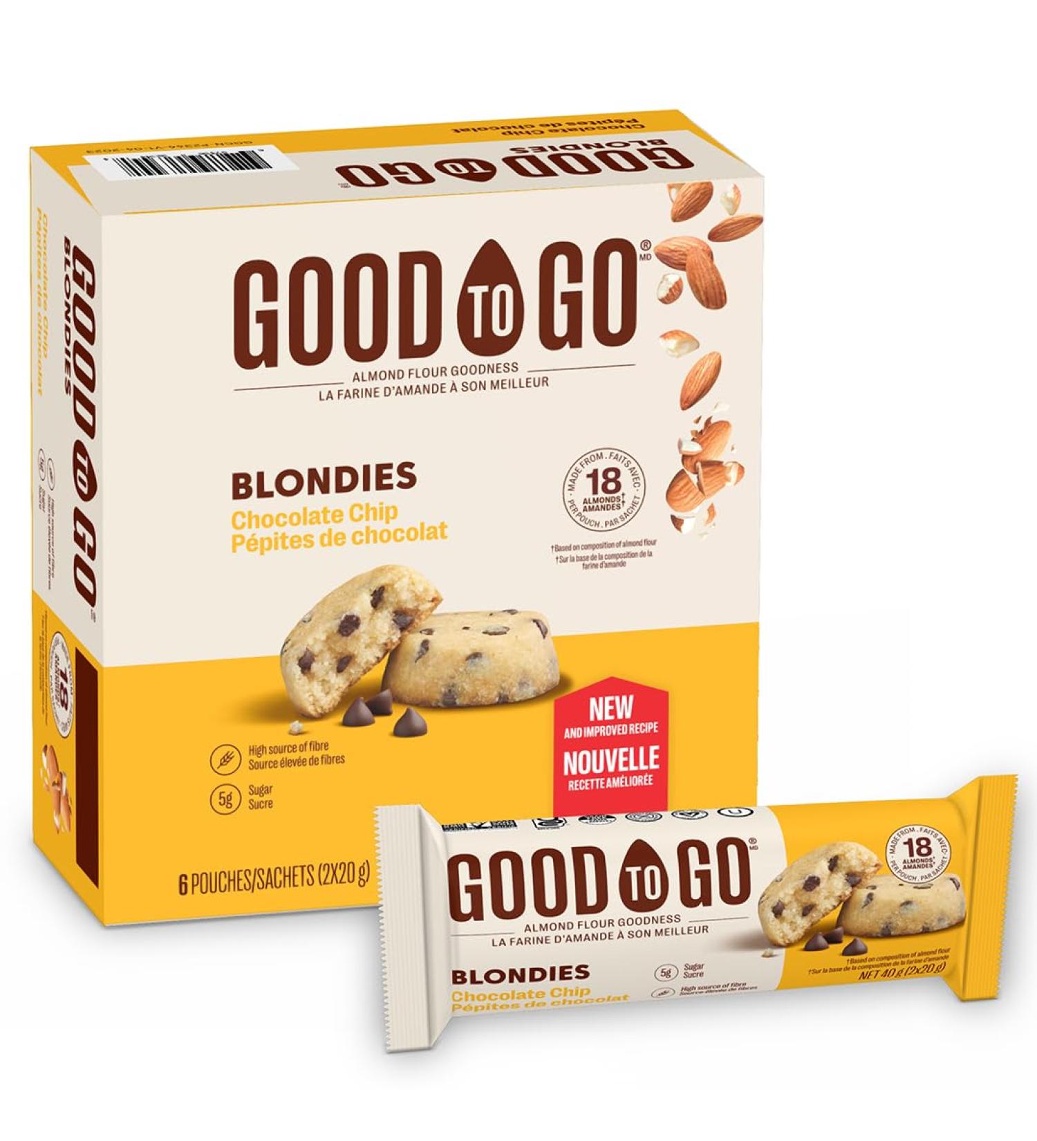 GOOD TO GO Chocolate Chip Blondies 6 Pouches High Fibre Almond Flour Non-GMO Snacks To Go - Buy Online on GoSupps.com