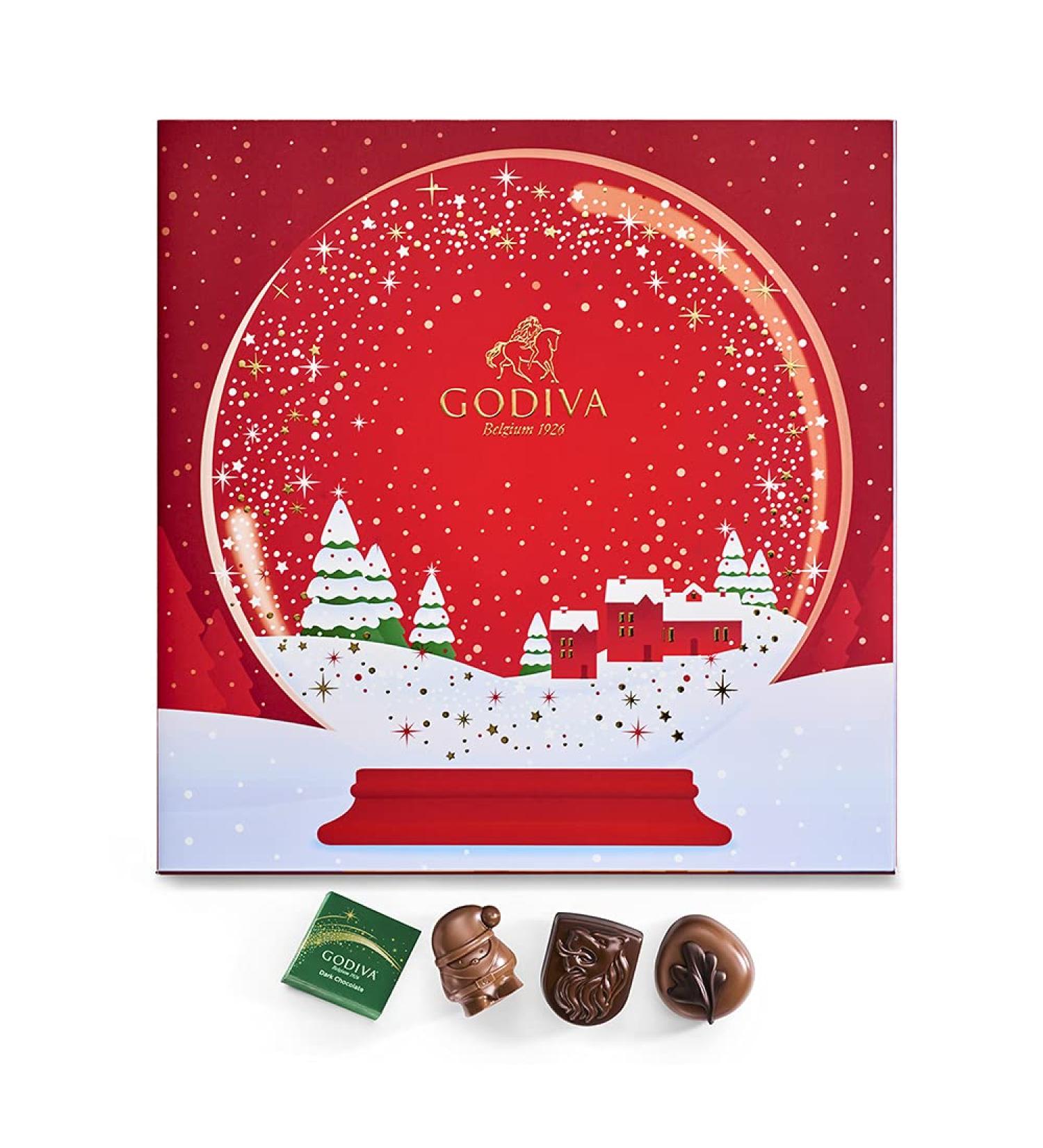 Godiva Holiday 2022 Red Advent Calendar Snow Globe Gift Box - 24 Piece Christmas Countdown with Assorted Dark, Milk, and White Chocolates - Perfect Gift for Chocolate Lovers - Buy Online on GoSupps.com