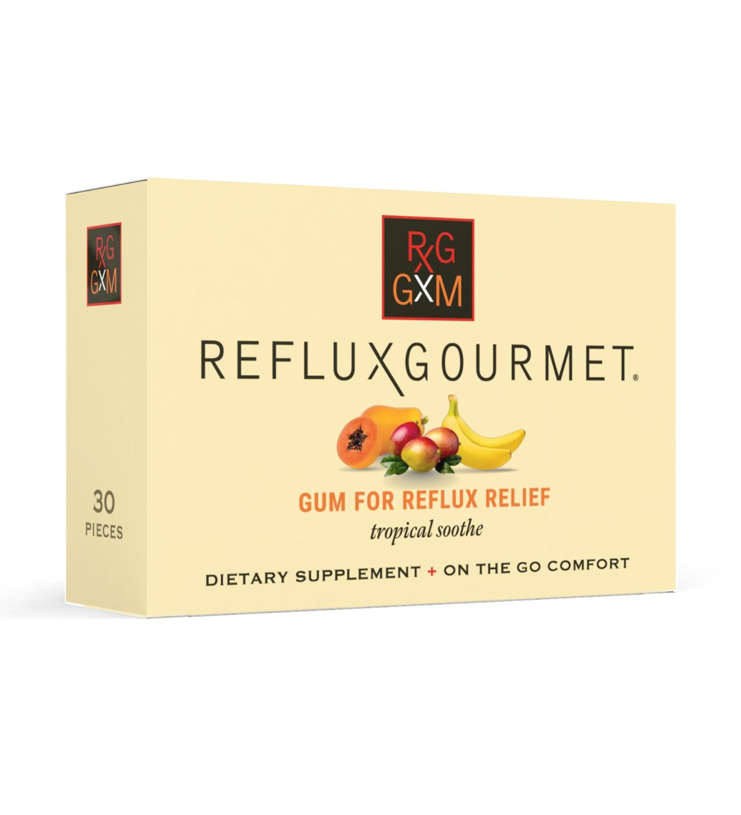 Reflux Gourmet Tropical Soothe Gum - Natural Sodium Bicarbonate Therapy for Acid Reflux Digestive & Cognitive Support | Vegan Sugar-Free Gluten-Free - Buy Online on GoSupps.com