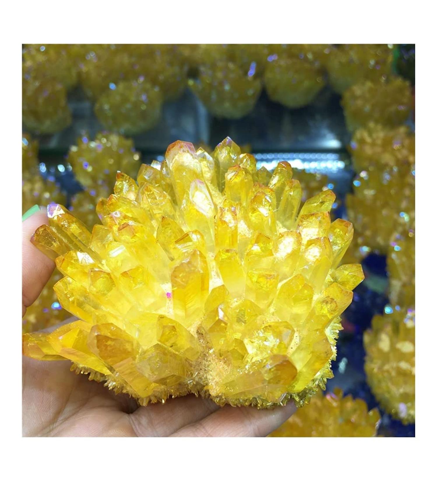 300-350g Yellow Electroplated Natural Crystal Cluster Raw Rock Quartz Flowers Aura Stones Gift Modern House Decor Crystal - Buy Online on GoSupps.com