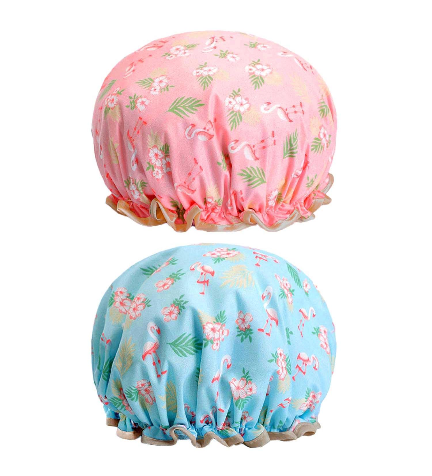 2 Pcs Double Layer Waterproof Bath Caps with Ruffled Edge - Flamingo Design for Girls and Women - Buy Online on GoSupps.com