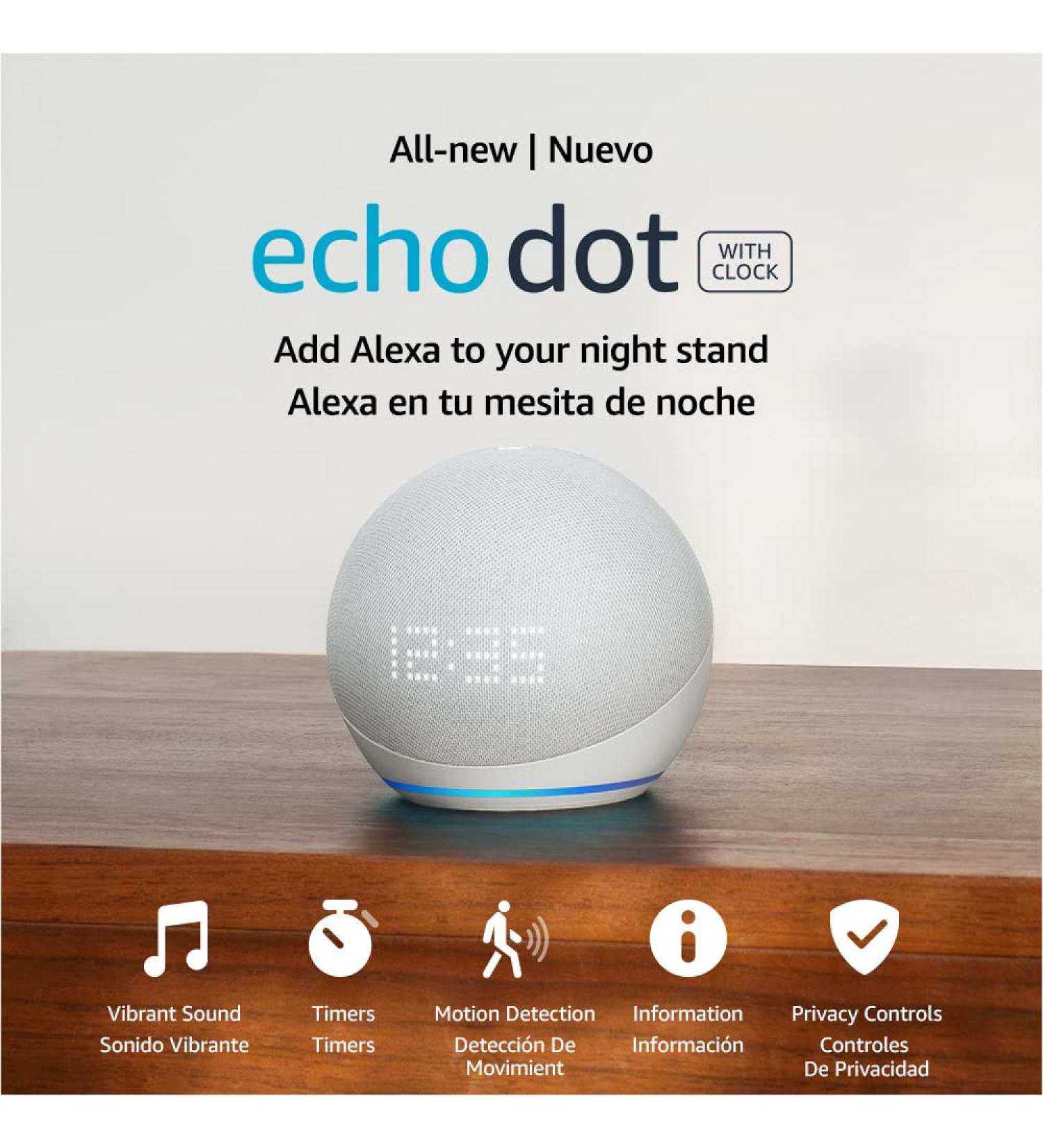 Echo Dot 5th Gen 2022 with Clock | International Version + US Power Adaptor | Glacier White - Buy Online on GoSupps.com