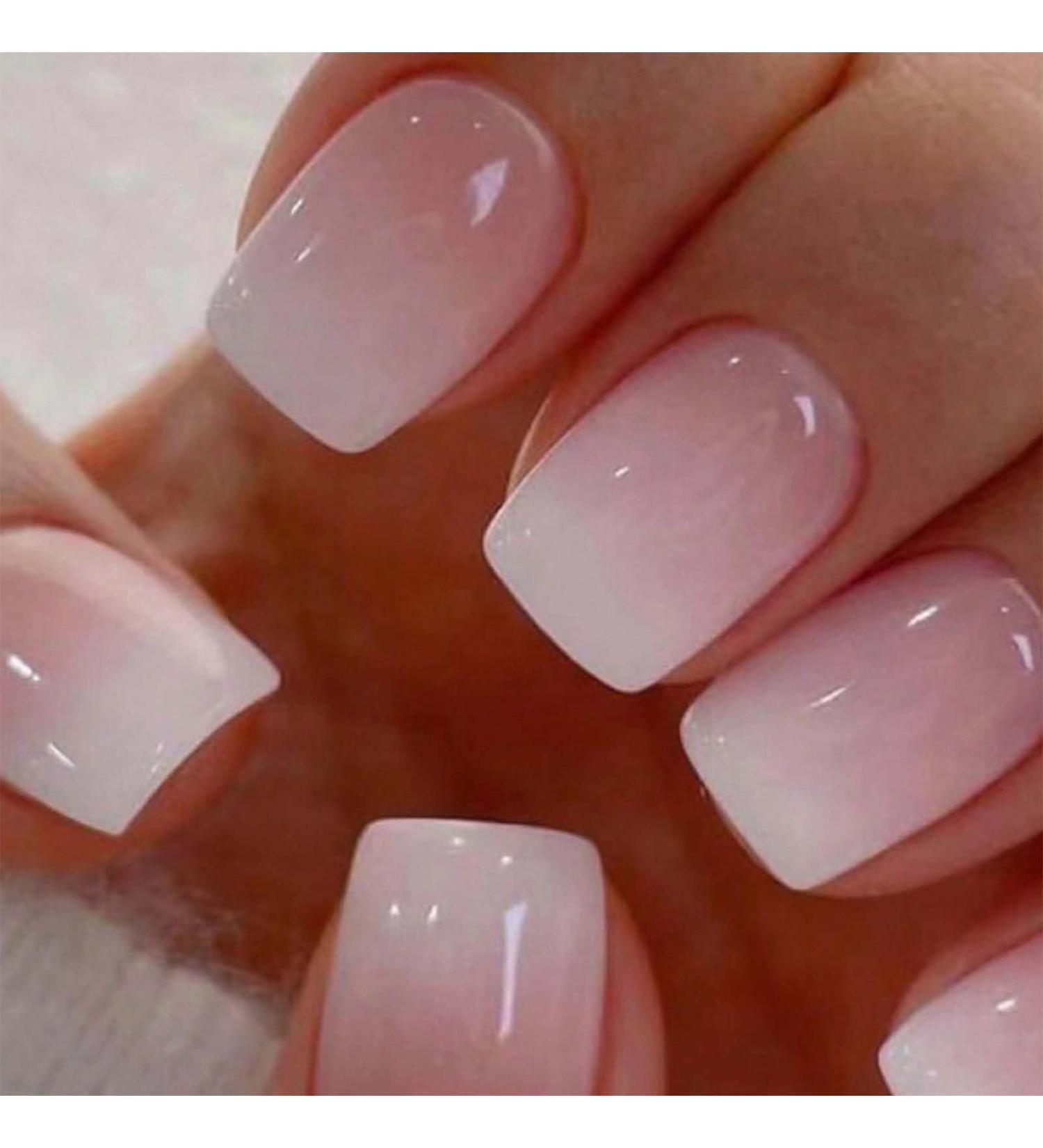 Ombre Press on Nails Short Square Nude White Gradient Full Cover Acrylic Stick on Nails for Women & Girls | 24Pcs French Manicure Decoration - Buy Online on GoSupps.com