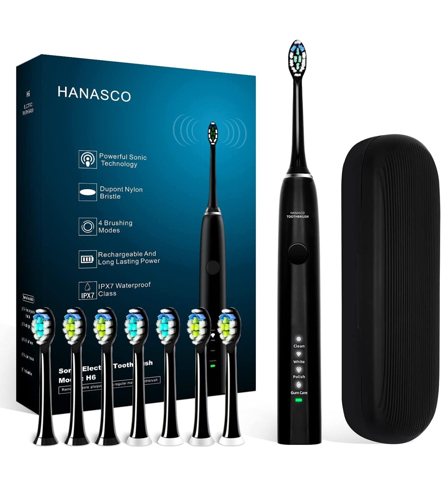 Hanasco Sonic Electric Toothbrush Rechargeable for Adults | 4 Modes, 2 Mins Timer, 8 Brush Heads | Whitening Clean, Soft Bristles | 38,000 VPM | Black - Buy Online on GoSupps.com