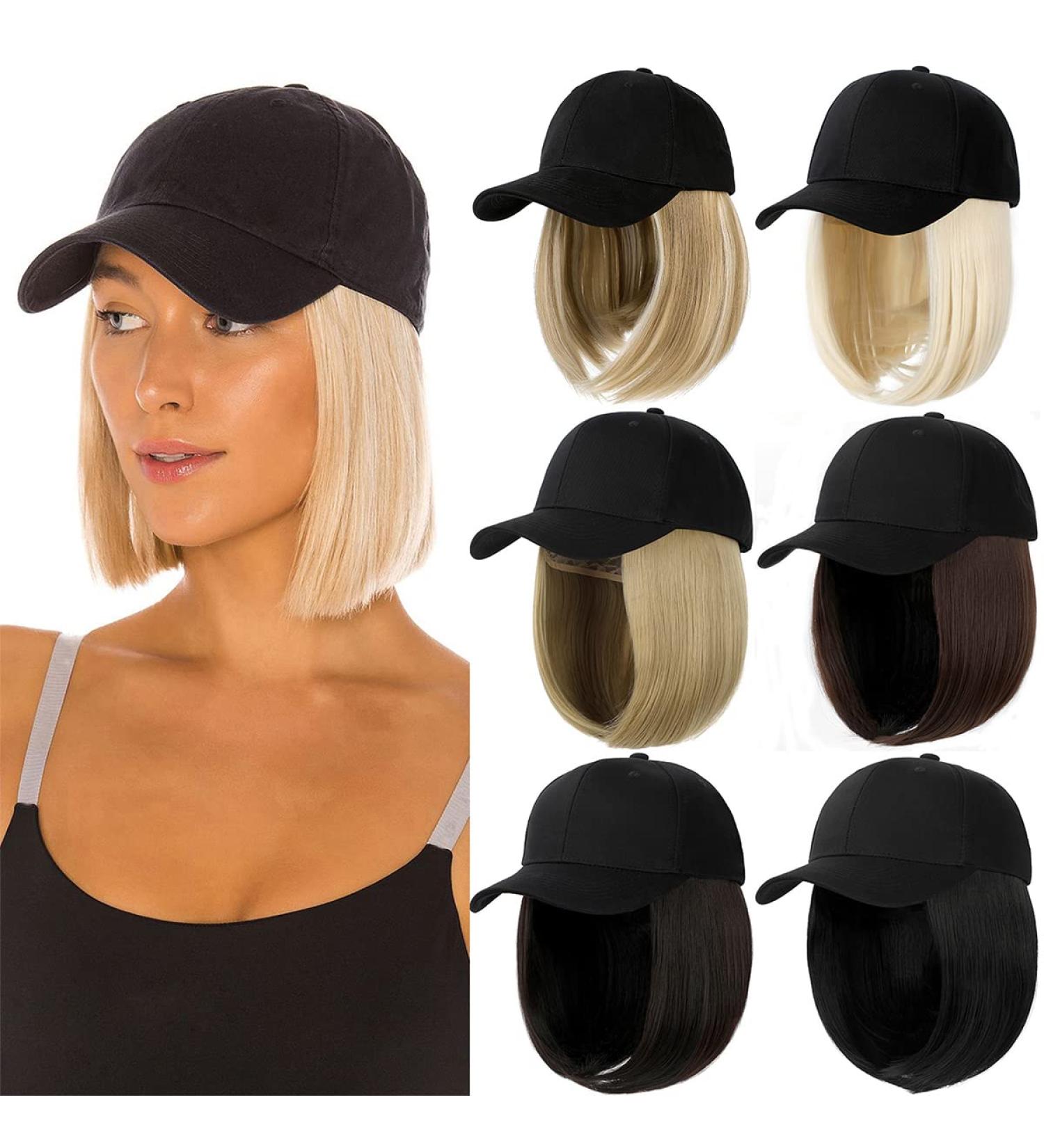 Qlenkay Baseball Cap with Hair Extensions: Ash Blonde Mix Bleach Blonde Straight Bob Wig Hat 14 Inch - Buy Online on GoSupps.com