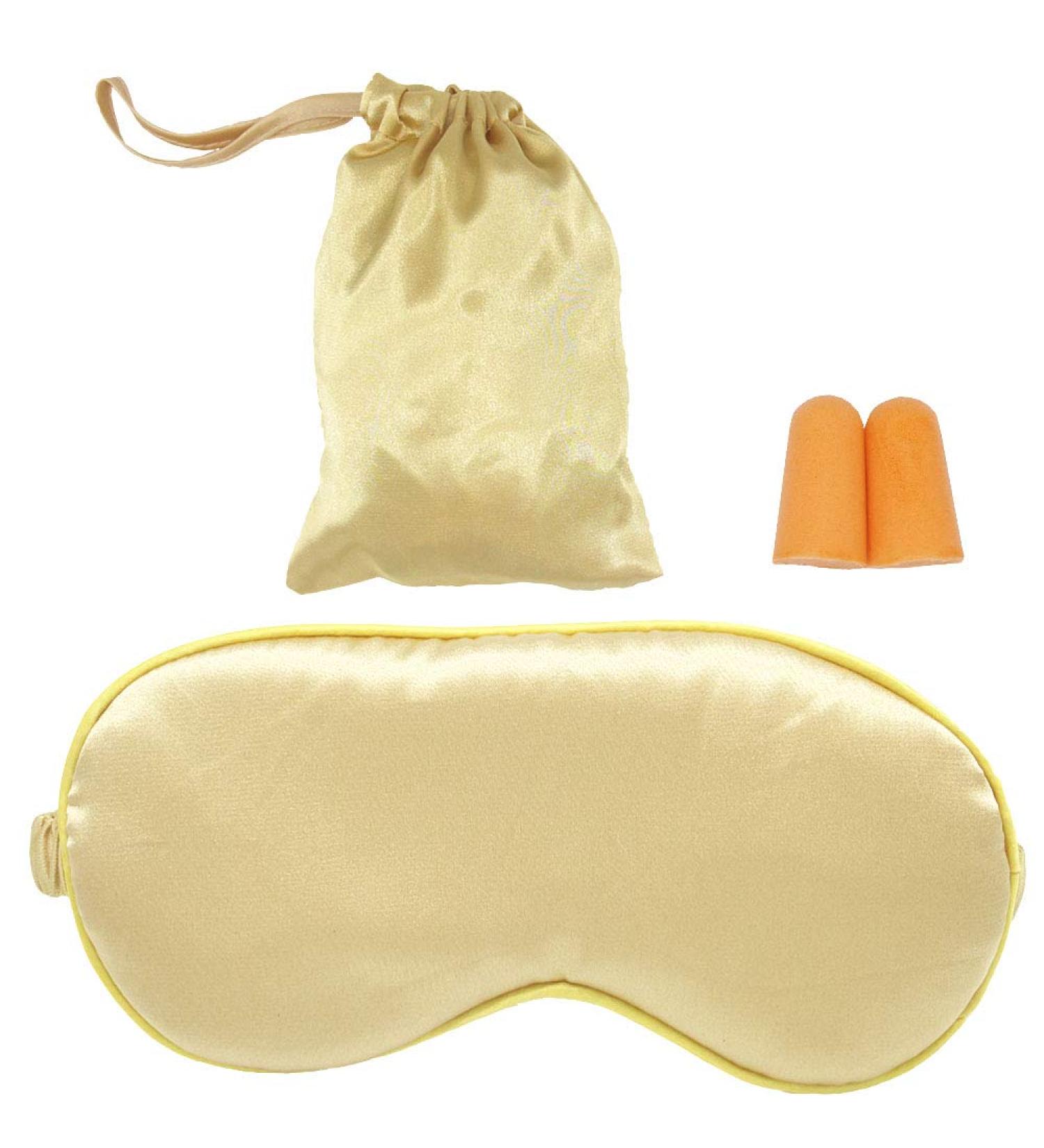 HappyDaily Beautiful Silk Sleep Mask with Luxury Travel Pouch and Ear Plug - Soft and Comfortable Eye Shade Eye Cover for Full Night Sleep Nap Travel (Gold)