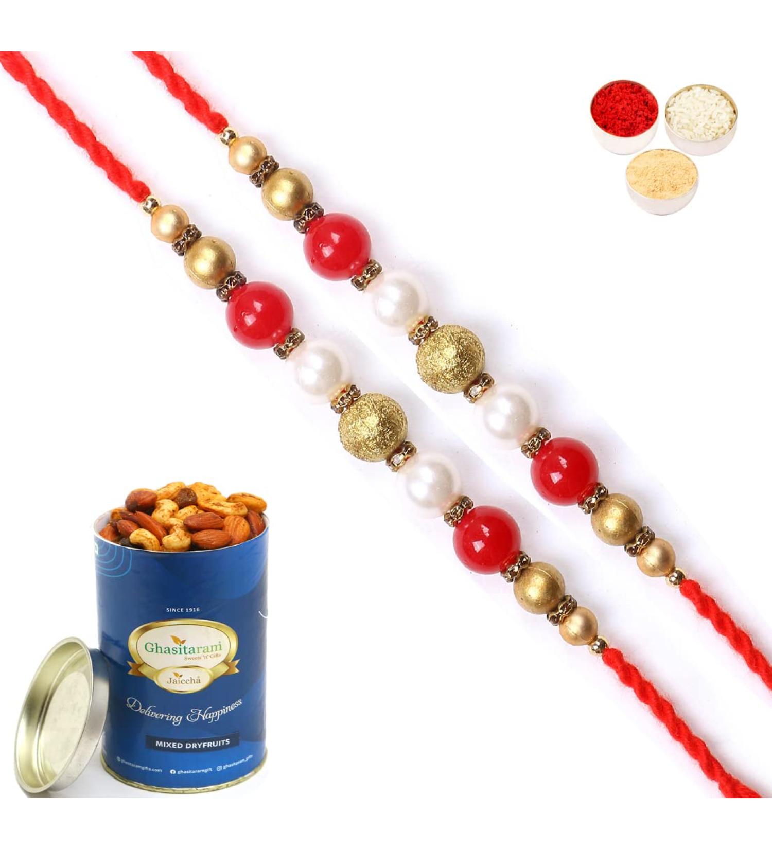 Ghasitaram Gifts Rakhi for Brother Rakhis Online -Set of 2-7615 Pearl Rakhi for My Brother with 100 GMS of Dryfruits Mix Can 2 Rakhi with 100 gms of Dryfruits Mix Can - Buy Online on GoSupps.com