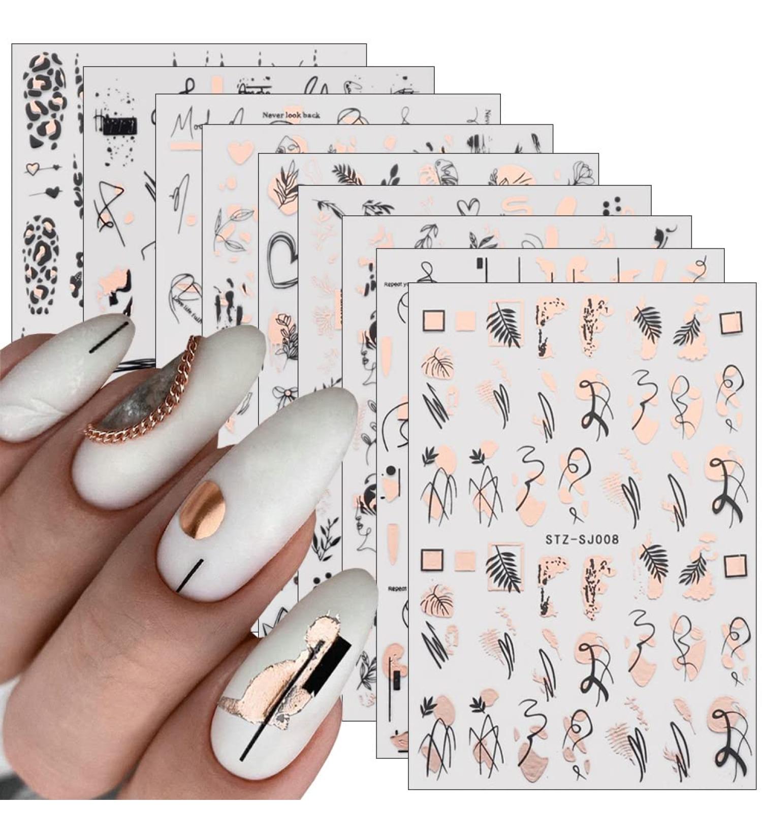 9 Sheets Rose Gold Nail Art Stickers - 3D Self-Adhesive Decals for Luxury Nail Decoration - Buy Online on GoSupps.com