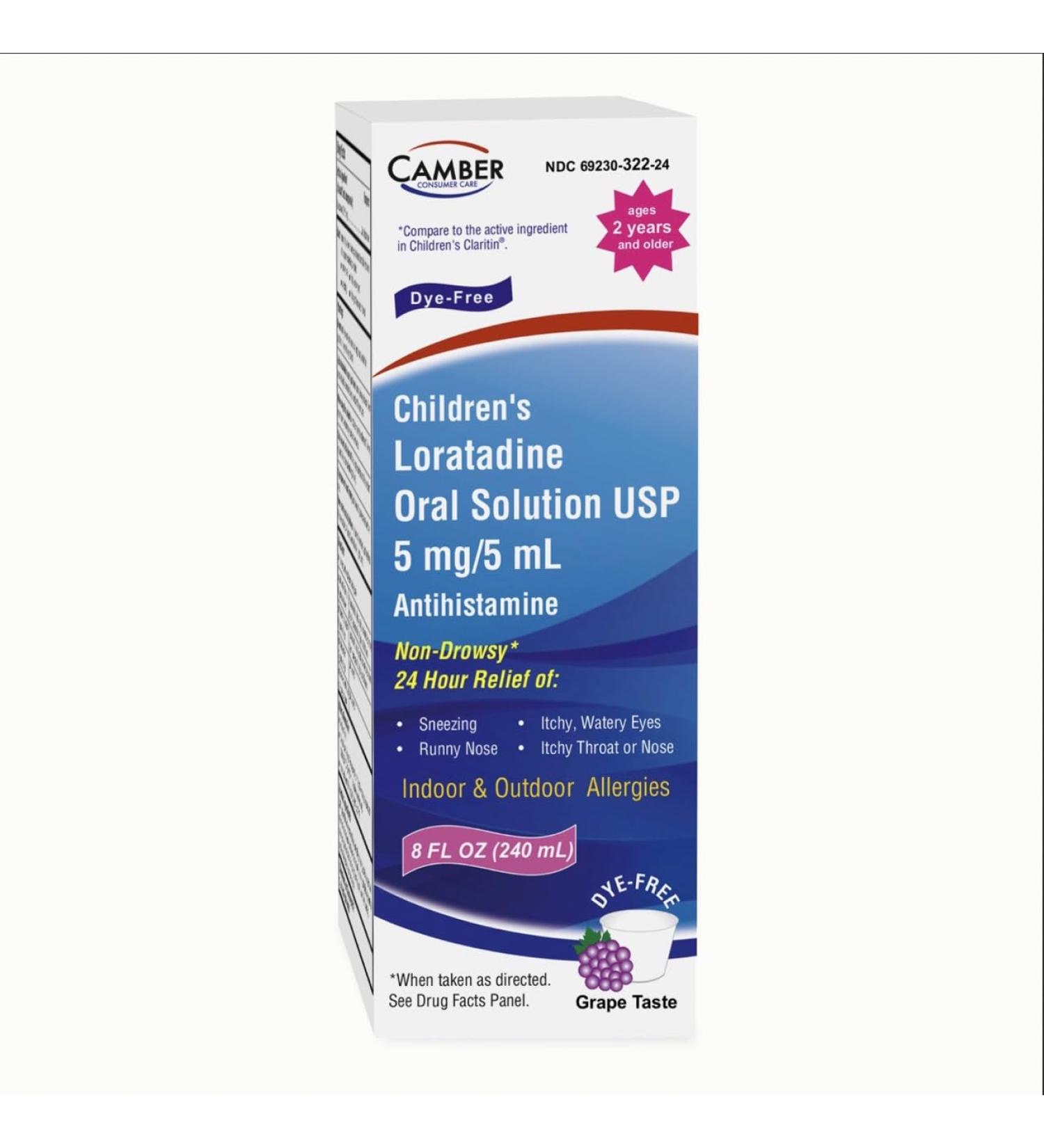 Camber Children s Allergy Medicine Dye-Free Non-Drowsy 24h Relief of Sneezing Runny Nose Itchy Watery Eyes Itchy Throat or Nose Indoor & Outdoor Allergies Grape Flavor - Buy Online on GoSupps.com
