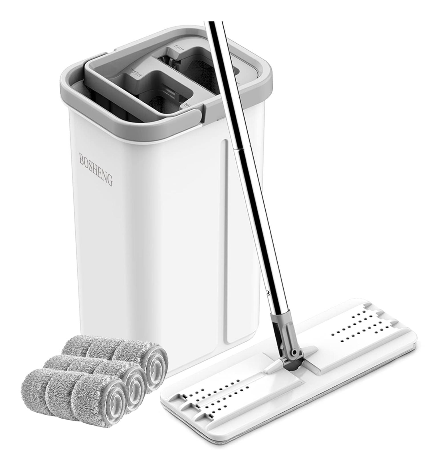 BOSHENG Hands-Free Flat Floor Mop and Bucket Set | 3 Microfiber Pads | All Floor Types | Home Cleaning System - Buy Online on GoSupps.com