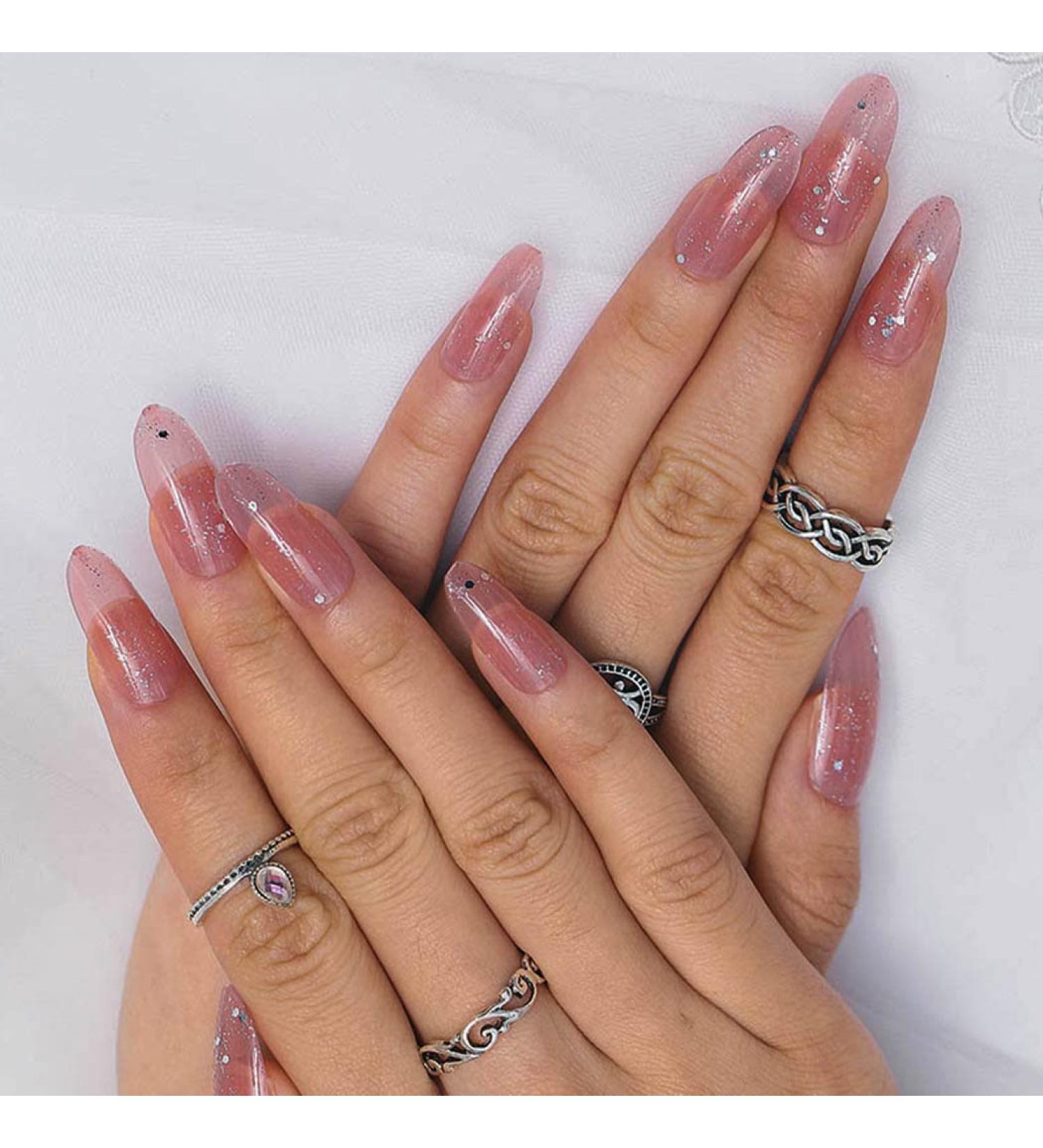 Sethexy Shiny Oval False Nails - Long Nude Pink Sparkle 24pcs Acrylic Art Fingernails for Women & Girls - International Shipping Available - Buy Online on GoSupps.com