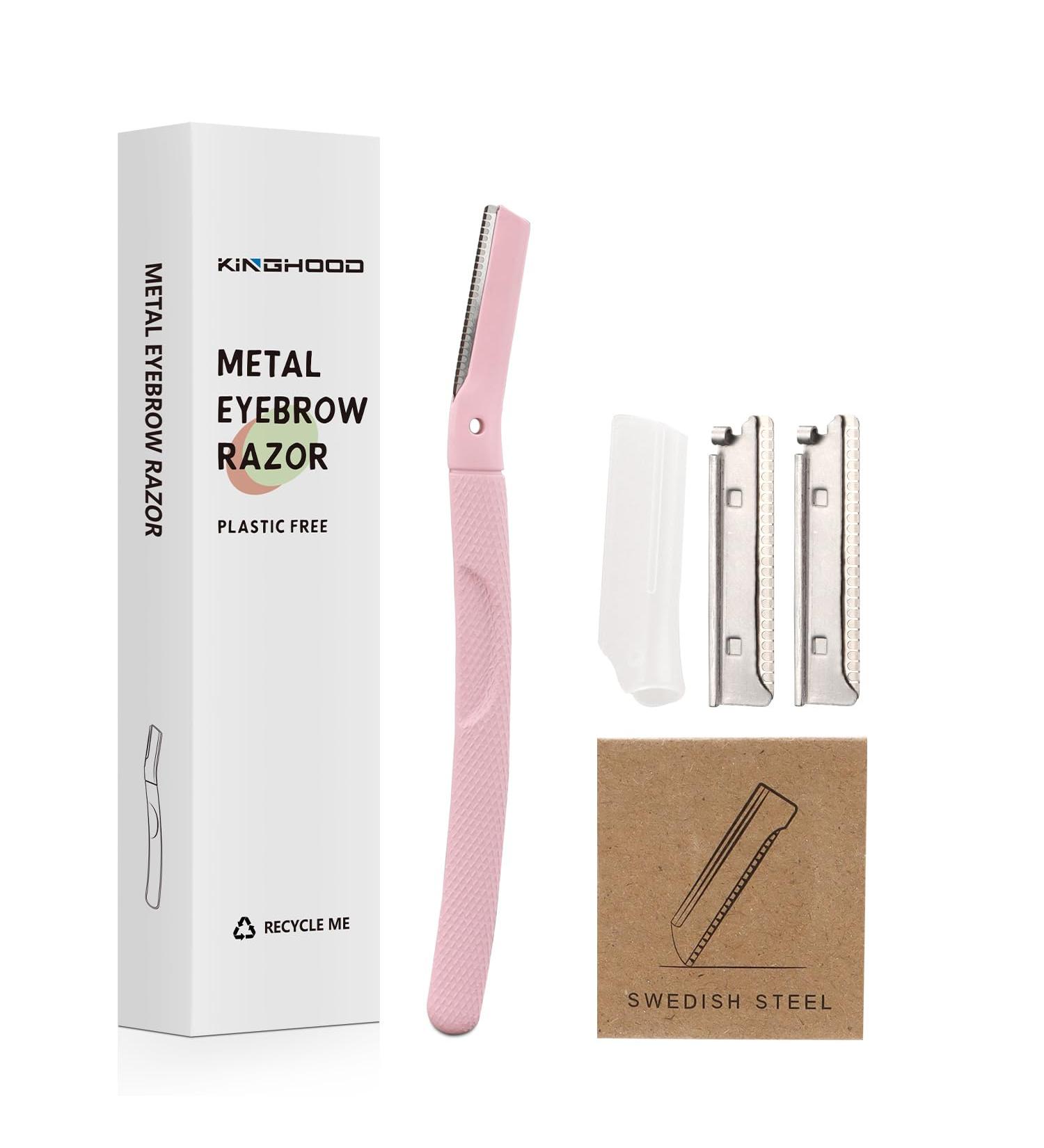 Metal Eyebrow Razors for Women - Professional Eyebrow Trimmer & Dermaplaning Tool with Free Blades - Pink - Buy Online on GoSupps.com