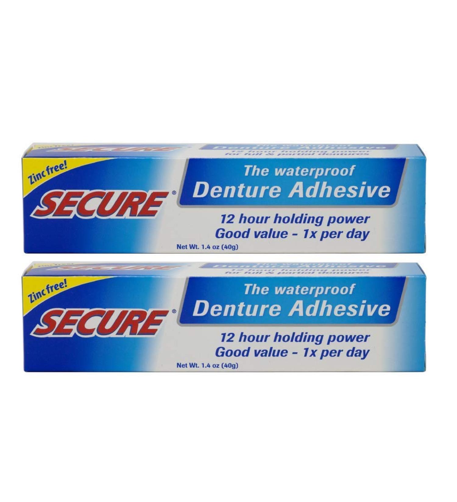 Secure Waterproof Denture Adhesive - Zinc Free, Extra Strong Hold - 2 Pack (1.4 oz) - Buy Online on GoSupps.com