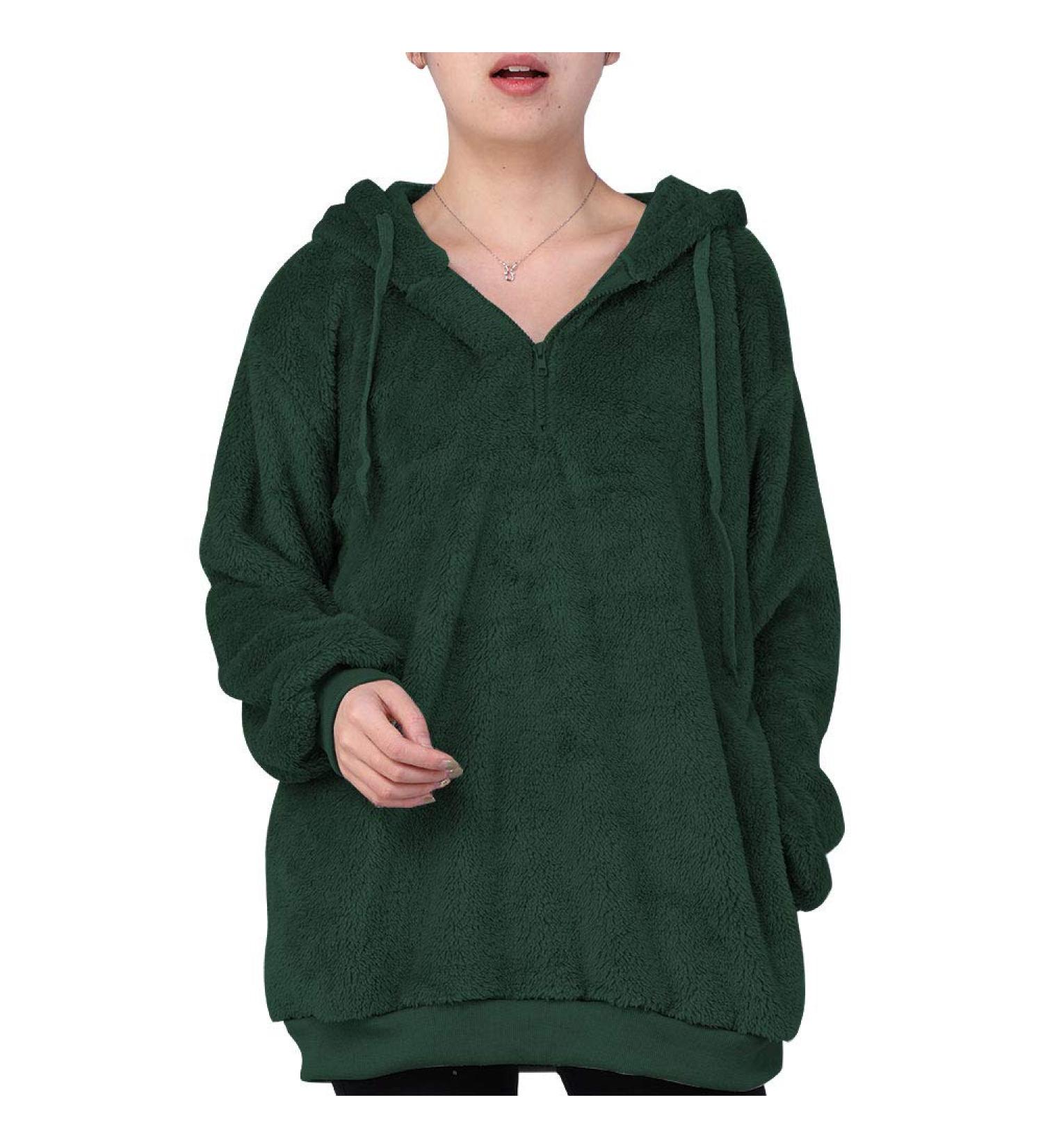 Bigfanshu Women's New Fleece Hoodies Long Sleeve Hooded Pullover Sweatshirt Autumn Winter Warm Zipper Pocket Fur Coat Green