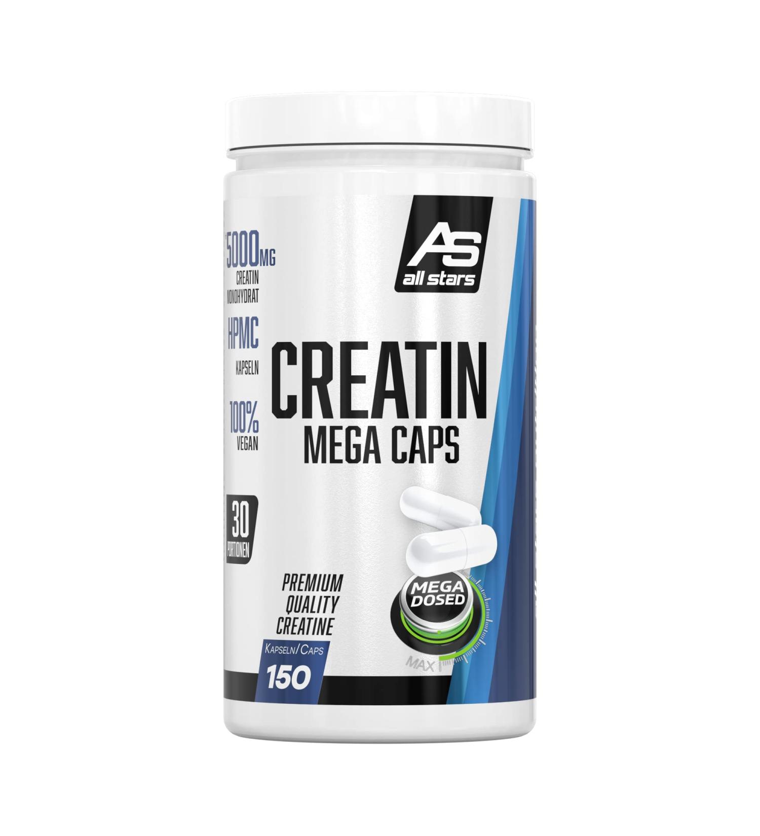 All Stars Creatine Mega Caps - High-Purity Vegan Creatine Monohydrate Supplement | 150 Capsules 1000mg Each | Sugar-Free Gelatin-Free - Buy Online on GoSupps.com