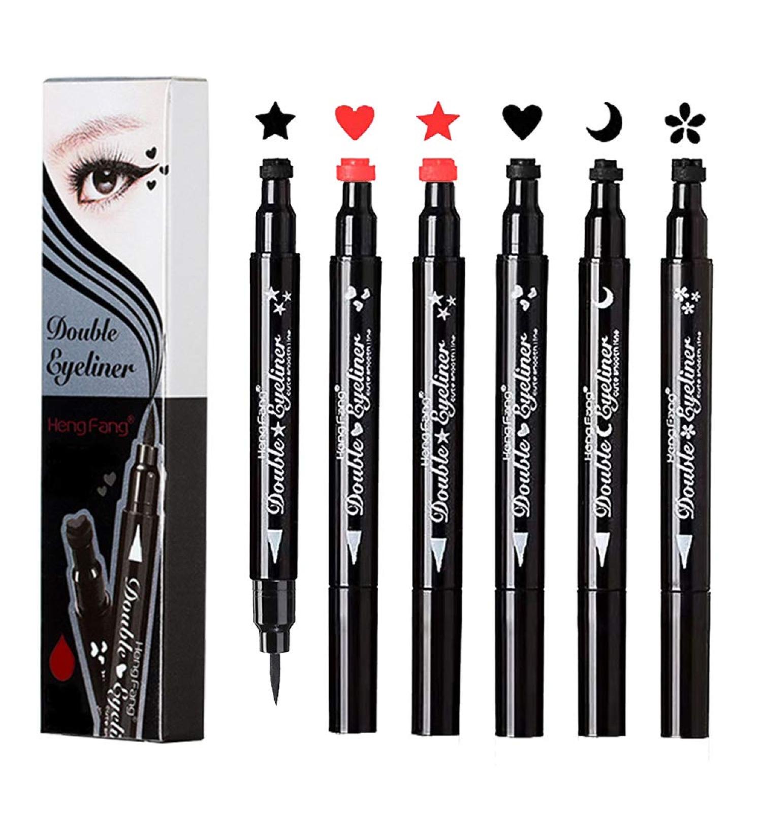 Mysense 6 Pcs Liquid Stamp Eyeliner Set - Waterproof Double-sided Seal Eye Liners for Women with Stencils - Black Flowers Heart Moon Star and Red Heart Star Design - Buy Online on GoSupps.com