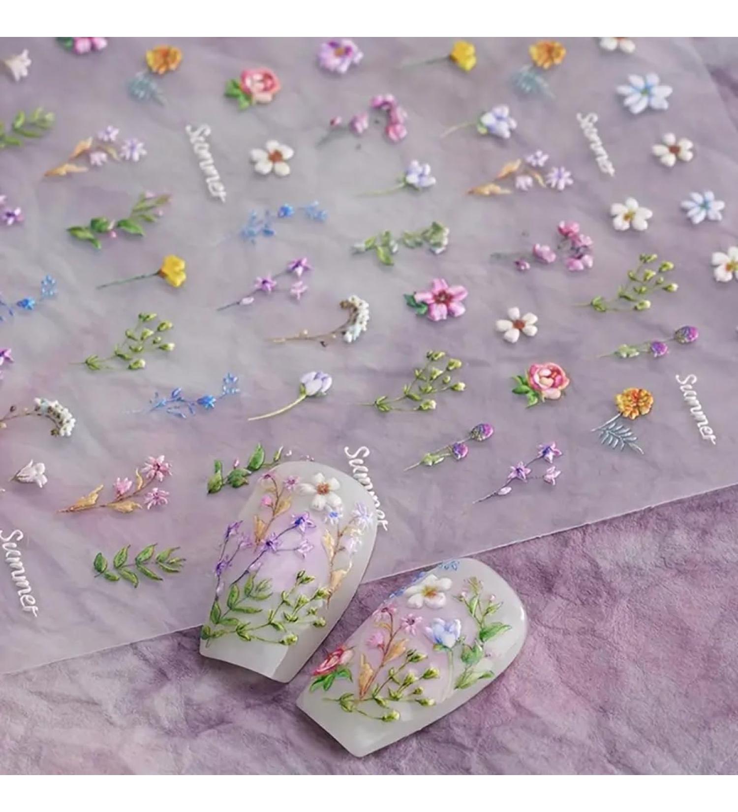 Flower Nail Stickers for Nail Art - 5D Embossed Summer Floral Decals | Self-Adhesive Nail Art Supplies & Manicure Sliders - Buy Online on GoSupps.com