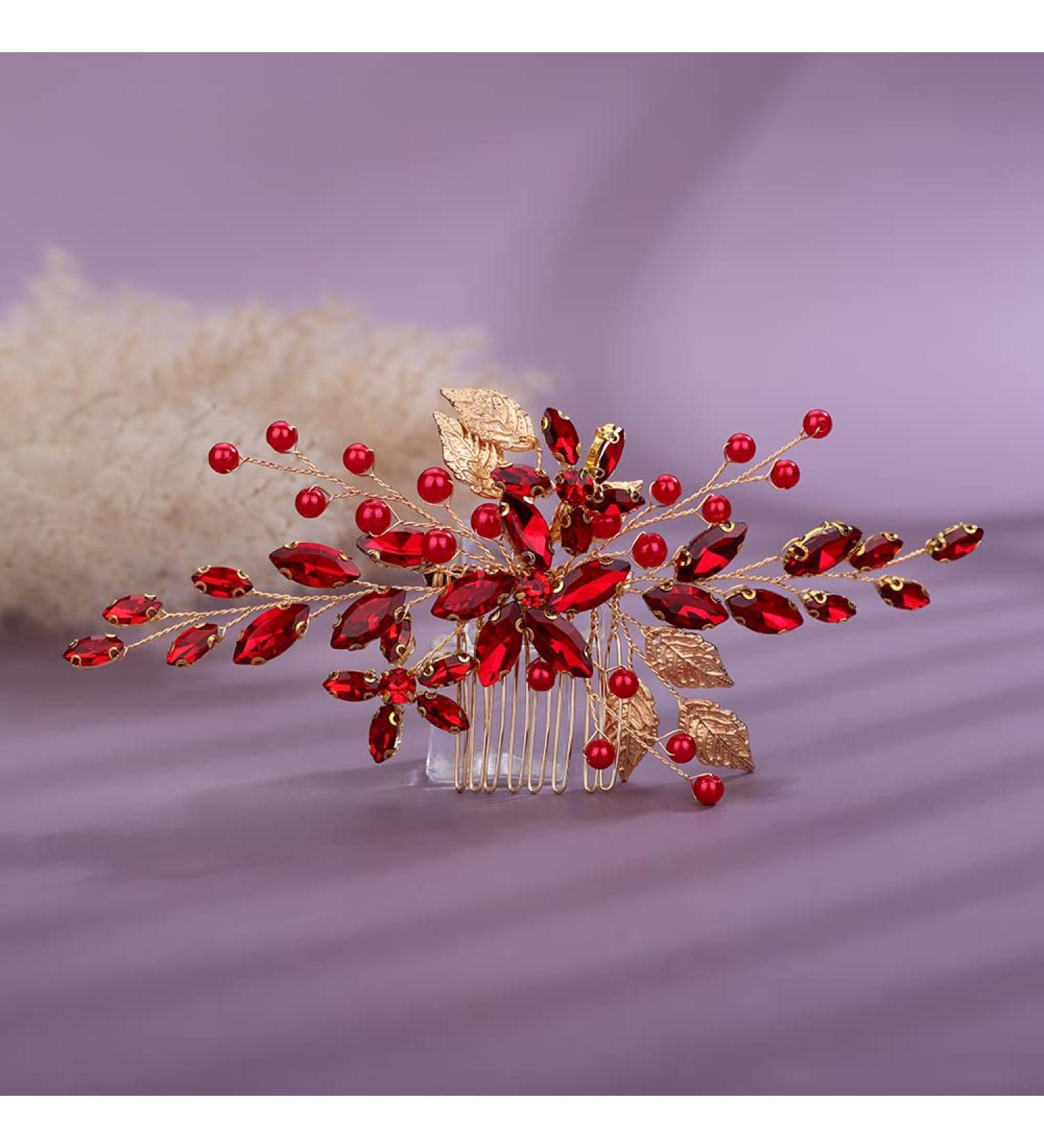 Teyglen Red Rhinestone Crystal Wedding Hair Comb - Bridal Hair Accessory for Women - Gold Silver Leaf Design - Buy Online on GoSupps.com