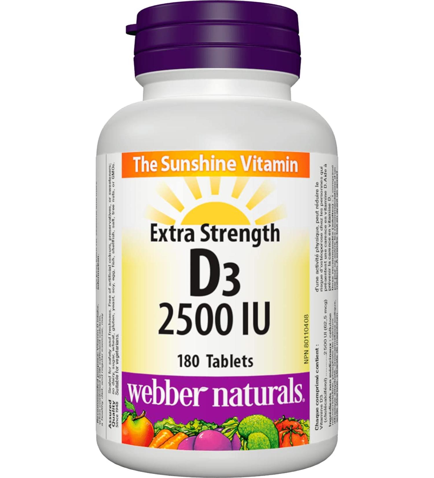 Webber Naturals Vitamin D3 2500 IU Extra Strength 180 Tablets For Healthy Bones Teeth and Helps Prevent Vitamin D Deficiency - Buy Online on GoSupps.com