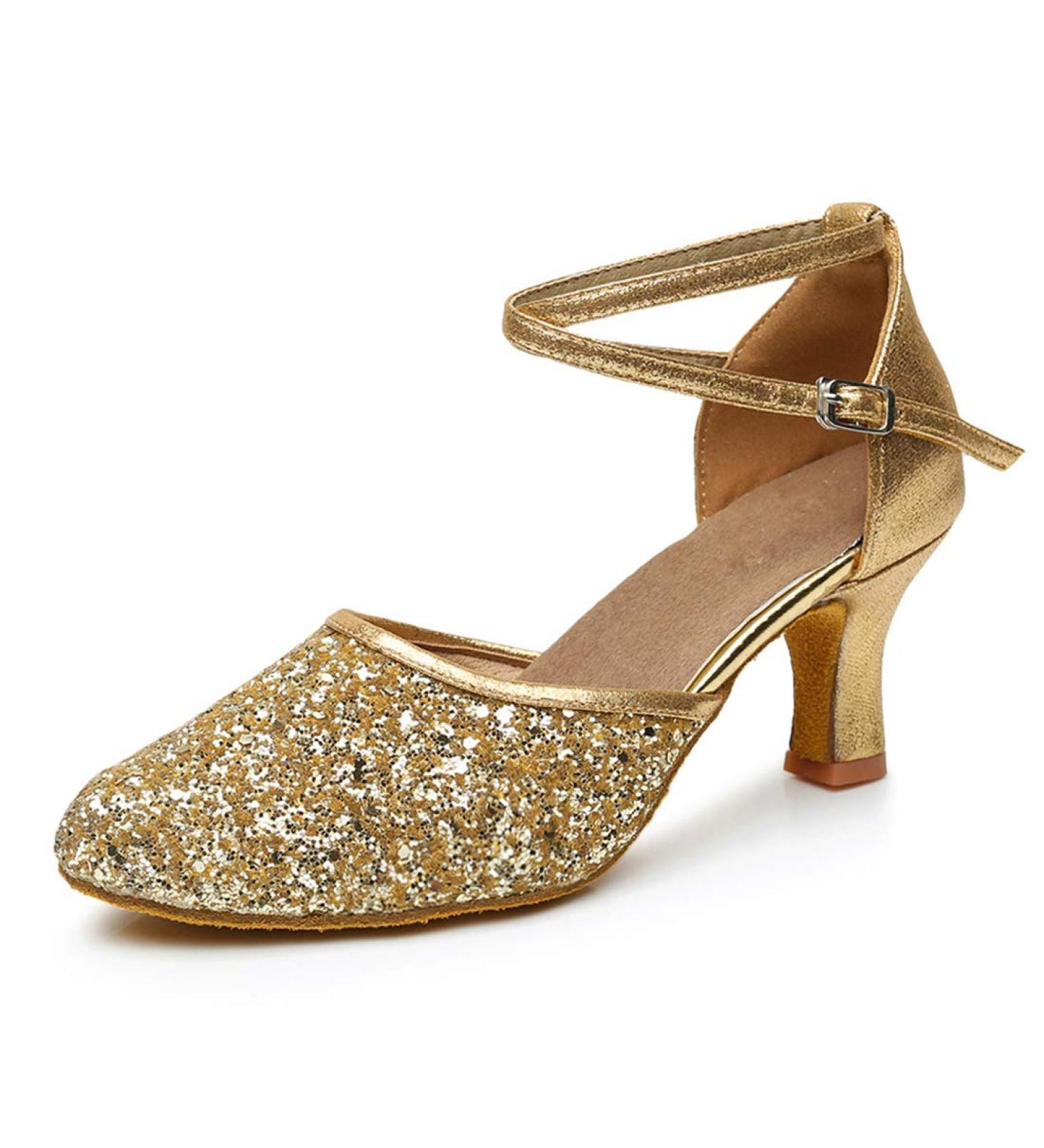 iCKER Women's Gold Sequin Latin Dance Shoes - Heeled Ballroom Salsa Tango Party Shoes - Buy Online on GoSupps.com