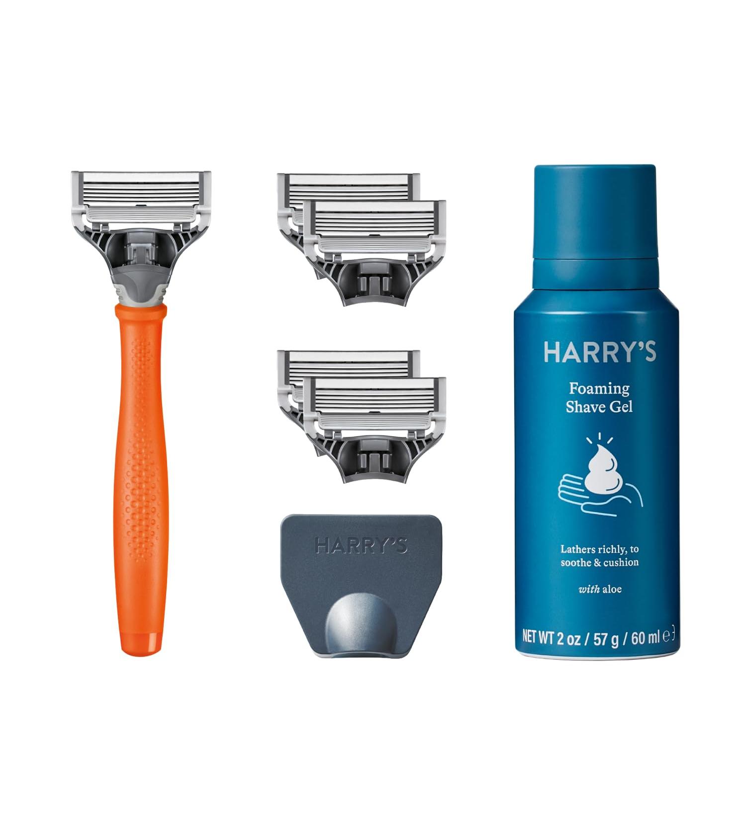 Harry's Men's Razor Set with Bright Orange Handle and 5 Razor Blade Refills + Travel Blade Cover and Shave Gel - Bright Orange - Buy Online on GoSupps.com
