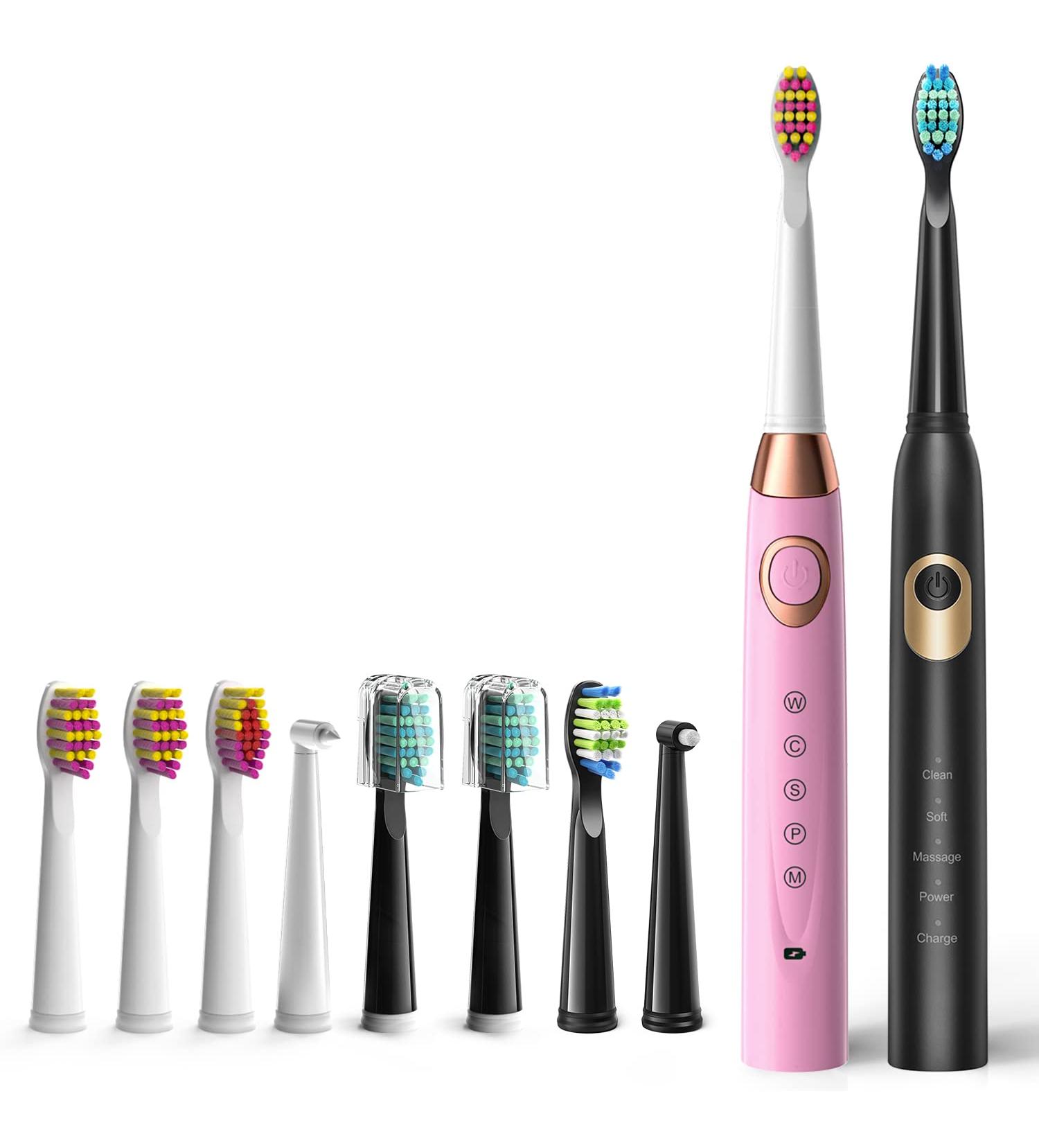 Dnsly Electric Toothbrush 2 Pack with 10 Brush Heads - Travel Rechargeable Sonic Toothbrush for Adults and Kids - 30 Day Battery Life - 2 Minute Timer - Black and Pink - Buy Online on GoSupps.com