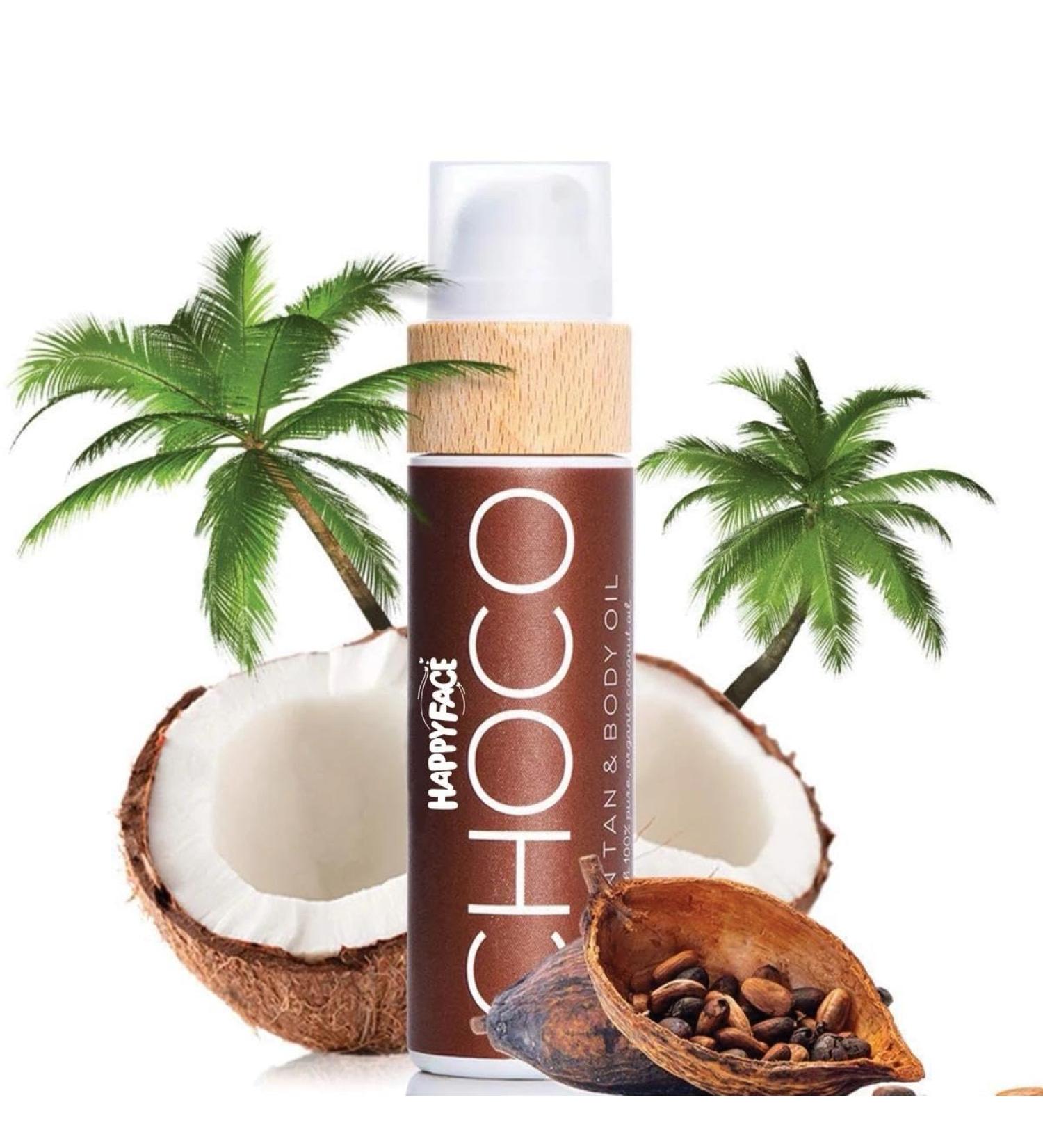 HappyFace Organic tanning oil with vitamin E Coconut Macadamia Nut Seed Rosemary Vanilla Pineapple Passion Fruit Chocolate scent for a quick intensive tan Skin care enhancer (1 CHOCO) CHOCO 1