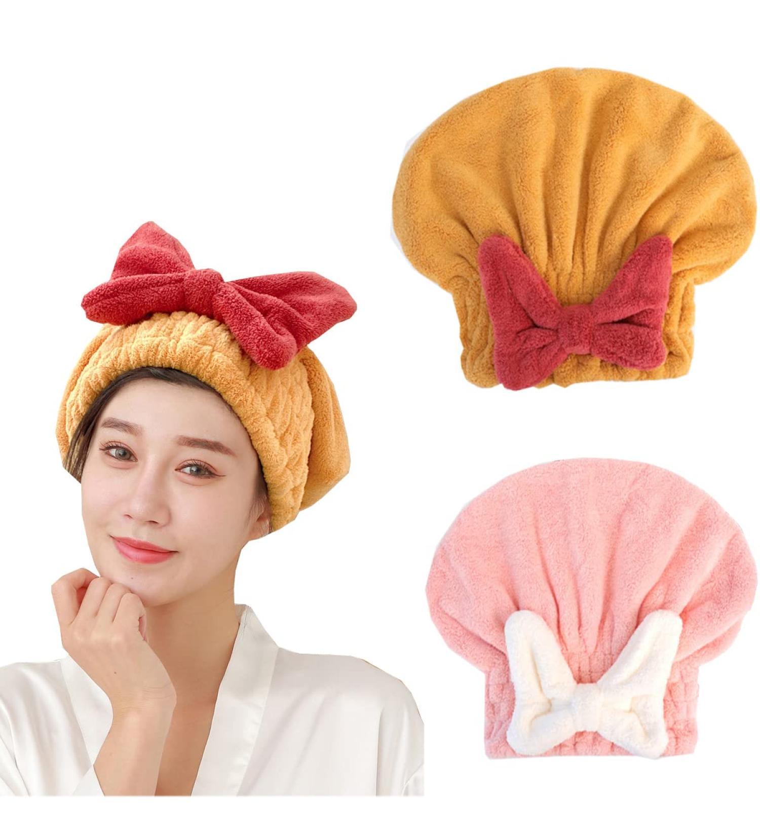 Microfiber Hair Towel Set for Women - Cute Quick-Dry Hair Turban & Bathing Cap - Soft & Absorbent 2 Pieces (Pink & Yellow) - Buy Online on GoSupps.com