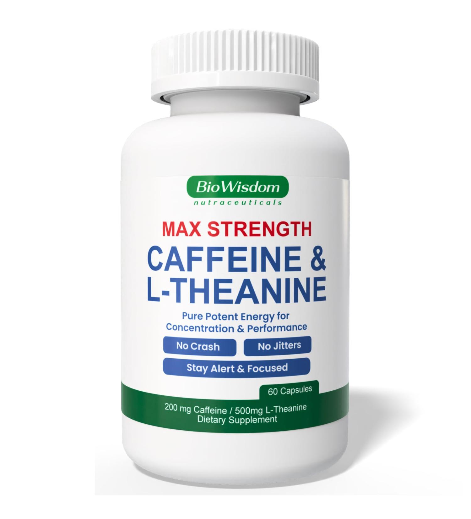 Max Strength Caffeine L Theanine Pills (200mg/500mg) - No Jitters Peak Energy, Focus, Performance, Alertness - Caffeine Pills & L-Theanine Capsules, No Crash & Drowsiness, Potent Supplement, 60 Count 60 Count (Pack of 1) - Buy Online on GoSupps.com