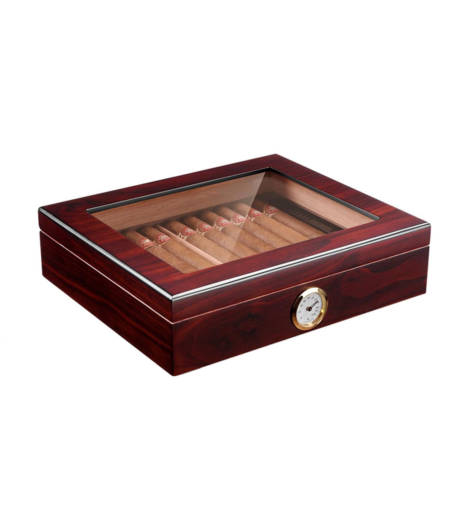 Cigar Humidor Case with Humidifier Hygrameter Cedar Wood Travel Cigar Case Glass Top Desktop Humidor Case Cigar Box with Divider Hold 35 Cigars Gifts for Men - Buy Online on GoSupps.com