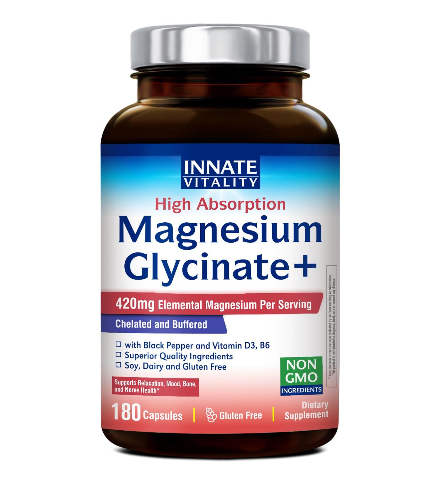 Innate Vitality Magnesium Glycinate Complex 420mg Elemental Magnesium Per Serving Enhanced Absorption Black Pepper Vitamin D3 & B6 Sleep Mood Bone Nerve Support 180 Caps - Buy Online on GoSupps.com