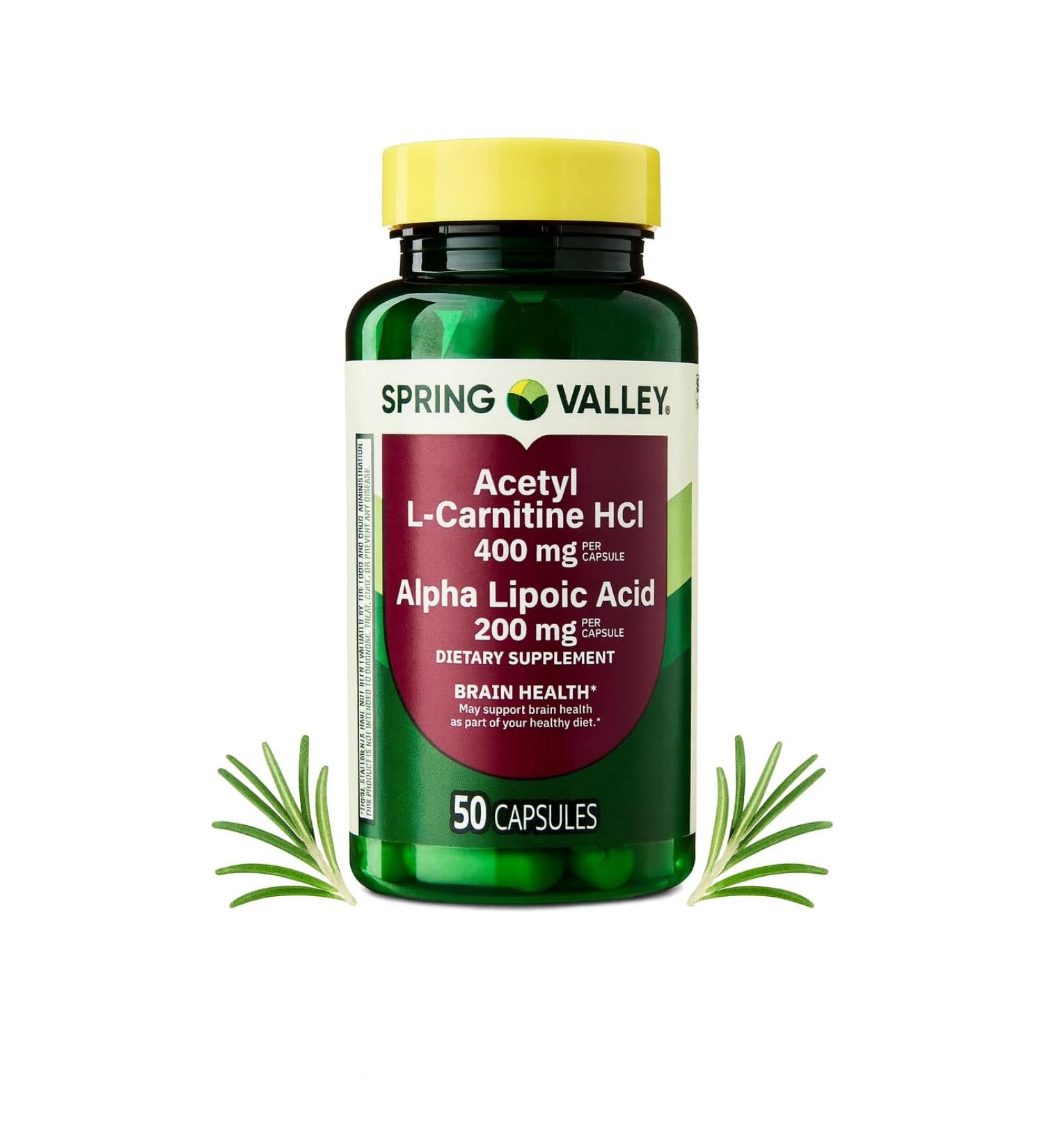 Acetyl L-Carnitine HCl 400 mg & Alpha Lipoic Acid 200 mg Brain Health Support Gluten Free 50 Capsules by Spring Valley