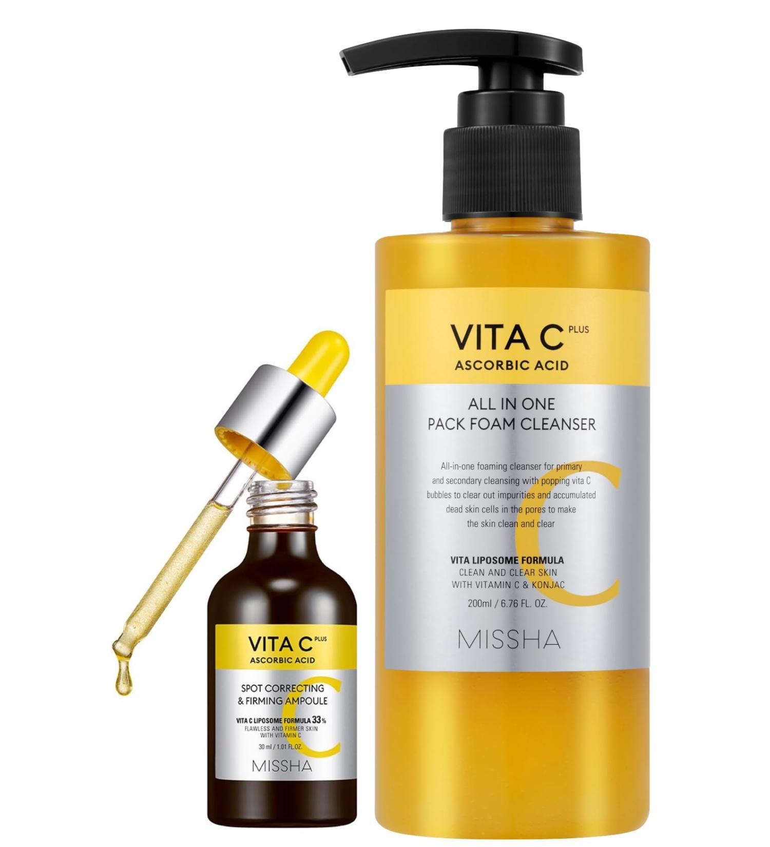 MISSHA VITA C Plus SPOT Correcting & Firming Ampoule + Vita C All-In-One Bubble Foam Facial Cleanser Korean Skincare Duo with 99% Pure Vitamin C for Deep Pore Detox Spot Correction and Firming - Buy Online on GoSupps.com