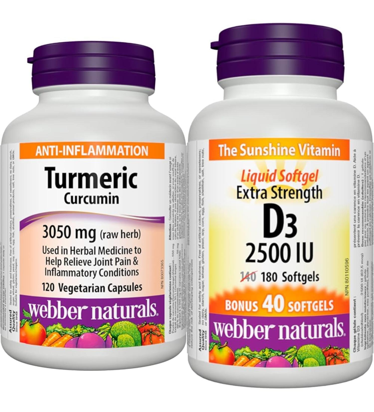 Webber Naturals Turmeric Curcumin 3 050 mg of Raw Herb 120 Capsules Antioxidant Support & Vitamin D3 2500 IU Extra Strength 180 Softgels For Healthy Bones Teeth - Buy Online on GoSupps.com
