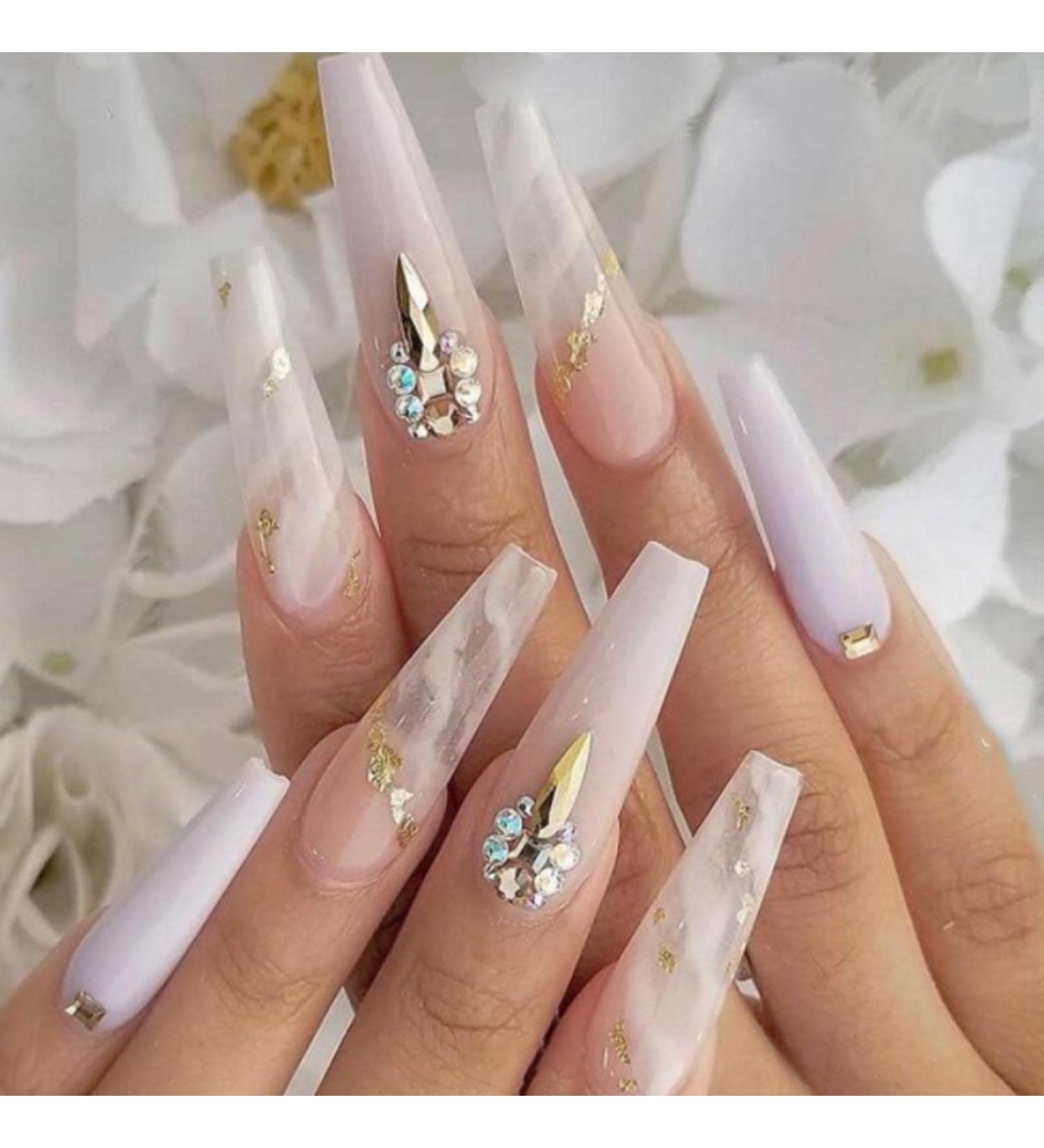 Kamize Rhinestones Fake Nails Coffin - White Marble | Long Press on Full Cover Acrylic False Nails for Women and Girls - Buy Online on GoSupps.com