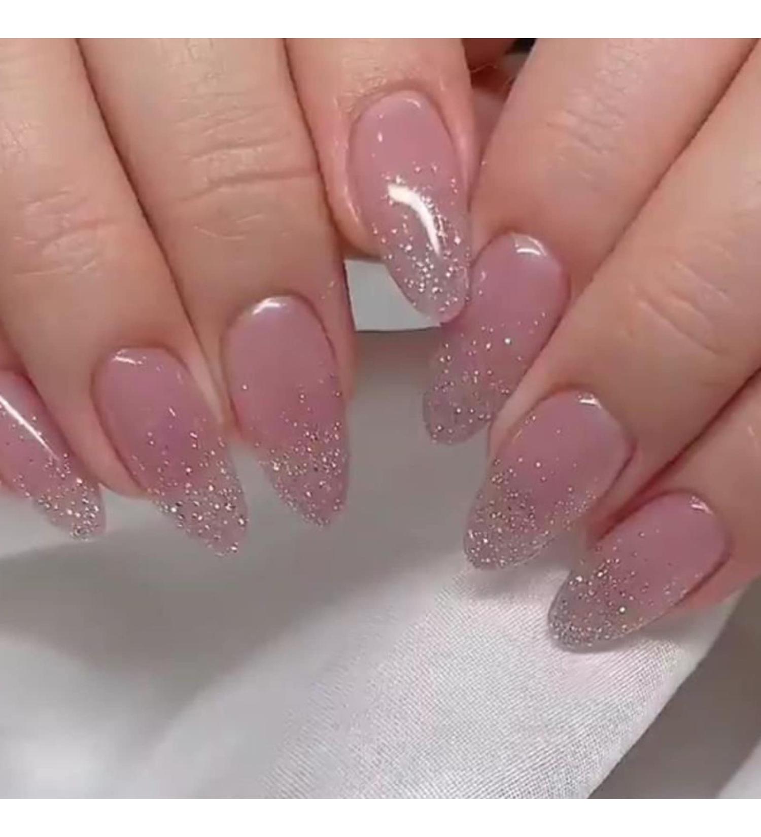24pcs Pink Glitter Short Almond False Nails - Press On Full Cover Acrylic Fake Nails for Women and Girls | Removable Glue-on Stick on Nails - Nail Art Accessories - Buy Online on GoSupps.com