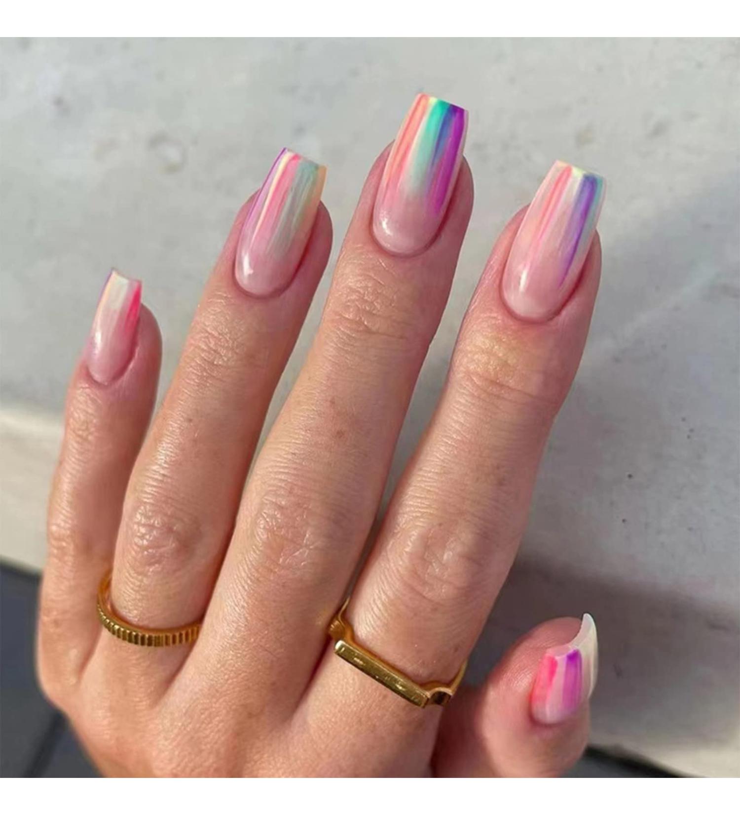 24pcs Rainbow Square False Short Nails | French Press On Nails for Women and Girls - 0218Y98 - Buy Online on GoSupps.com