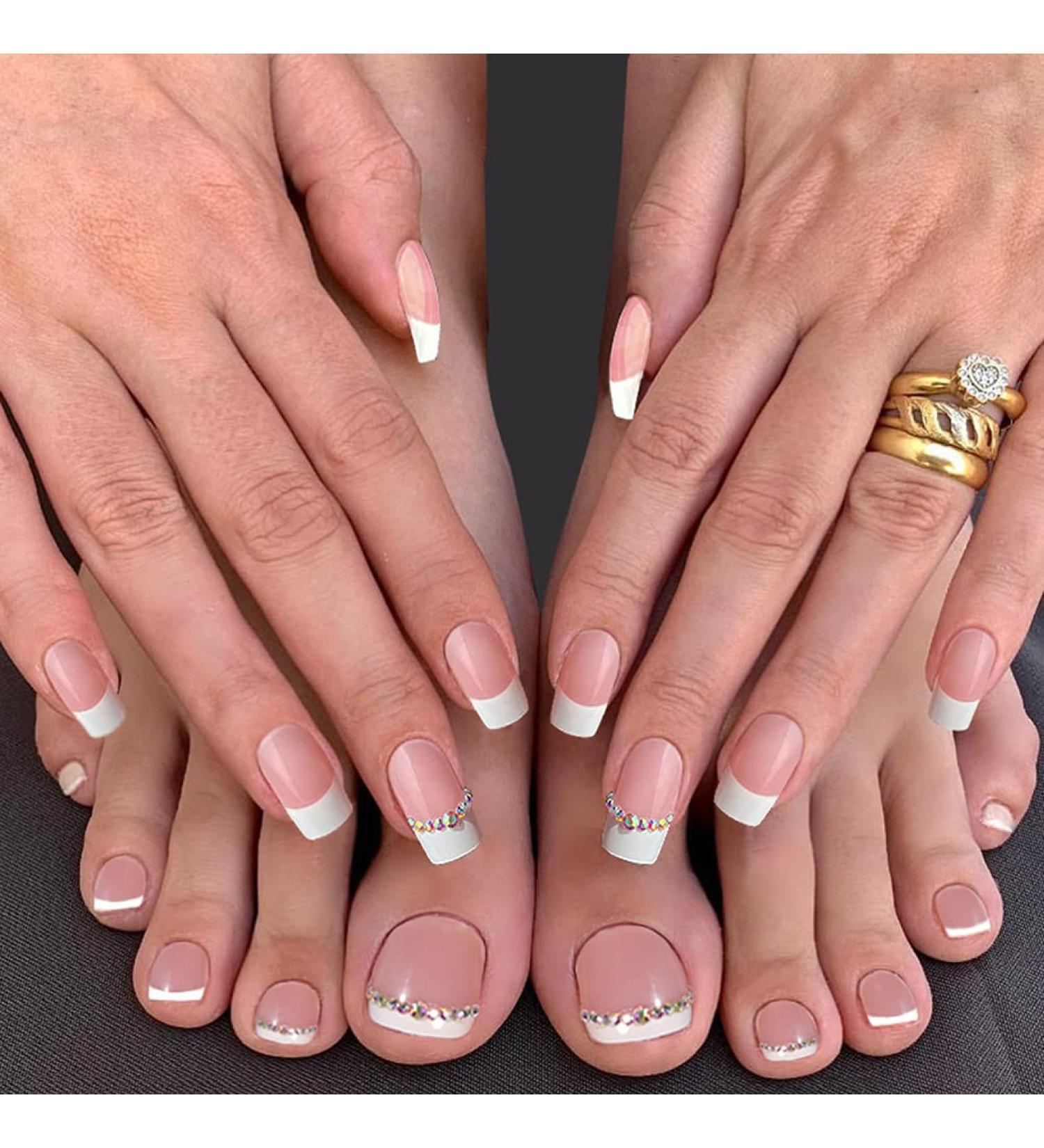 White Rhinestone French Tip Press on Toenails - 48Pcs Full Cover False Nails for Women - Buy Online on GoSupps.com