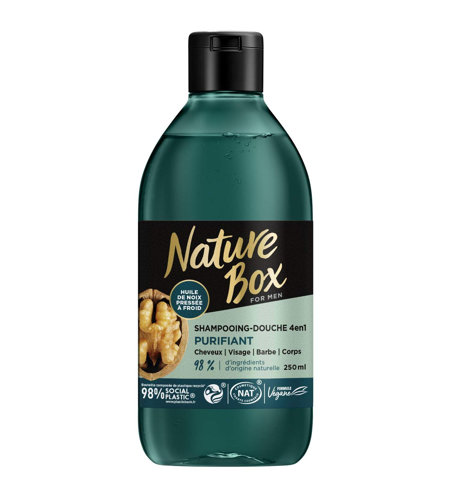 Nature Box - 4 in 1 Purifying Shampoo-Shower - With Cold Pressed Walnut Oil - Hair / Scalp / Beard / Body - 98% Natural Ingredients - 250 ml Bottle - Buy Online on GoSupps.com