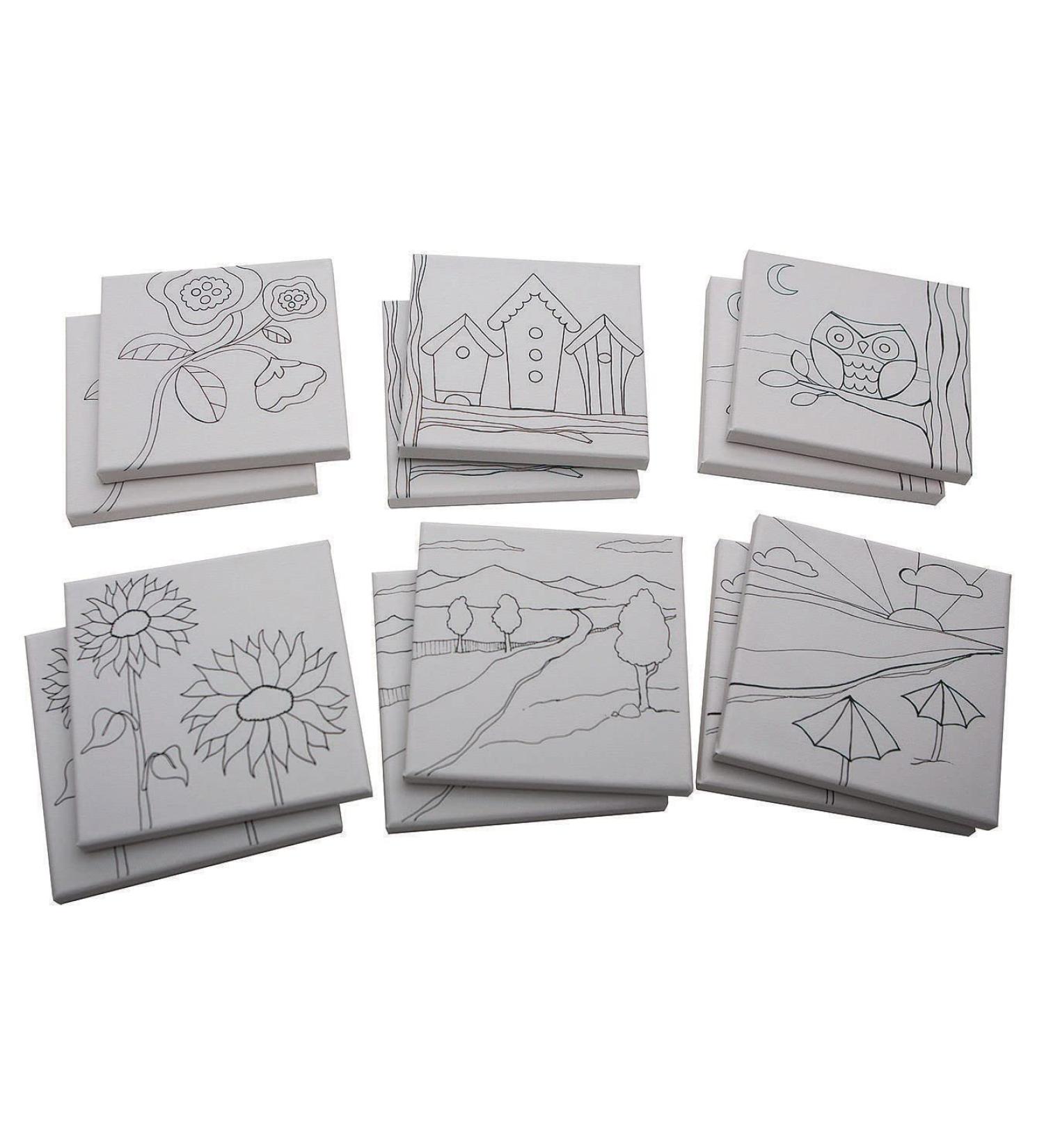 Designer Canvas Set II for Kids & Adults - 12 Pack of DIY Ready-to-Paint Stretched Canvas - 6 Unique Pre-Printed Designs - 6-1/2 x 6-1/2 - Buy Online on GoSupps.com