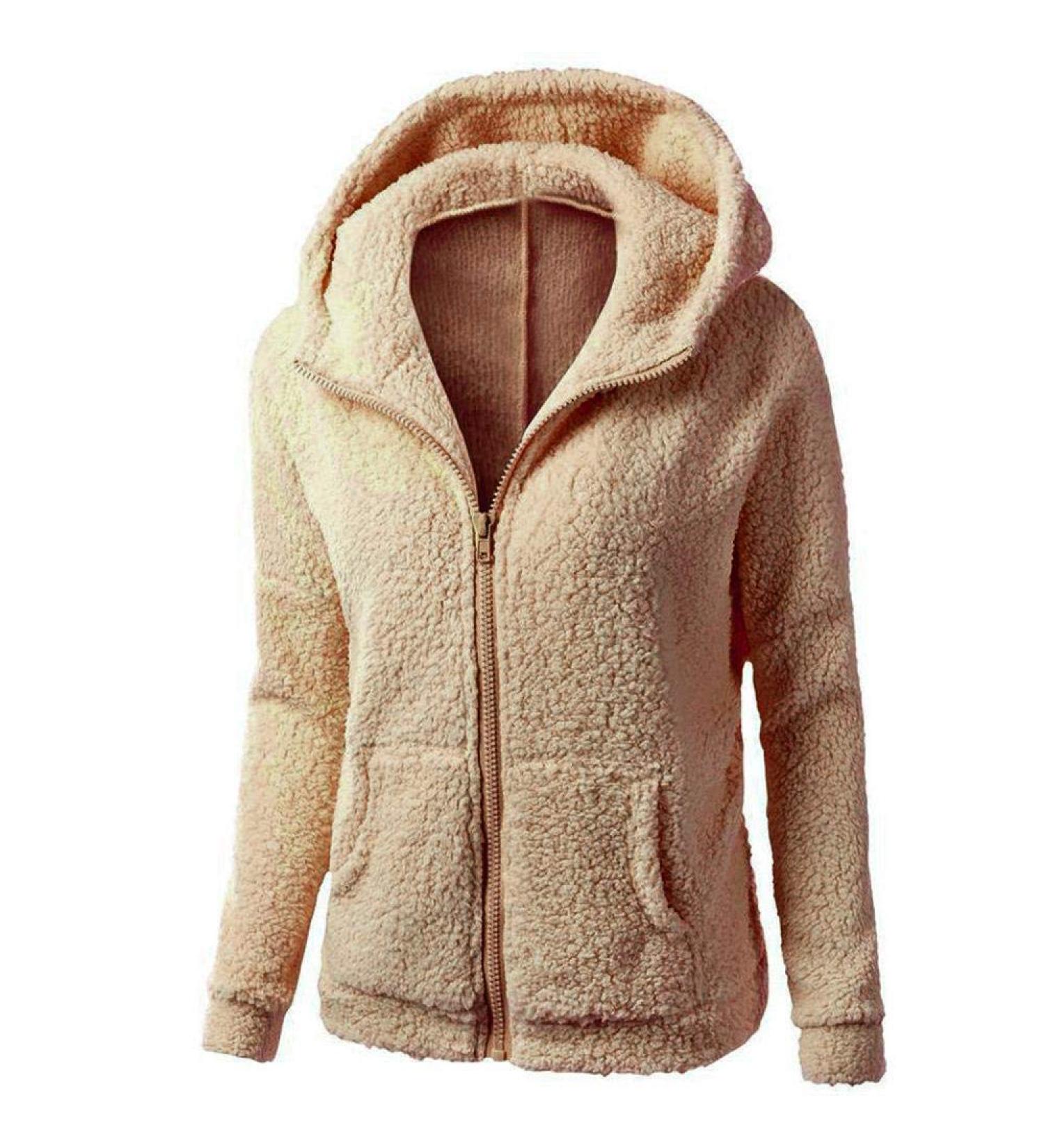 Bigfanshu Womens Fleece Teddy Hoodies Zipper Solid Pocket Hooded Coat Winter Warm Cotton Outwear Casual Sweatshirt Beige