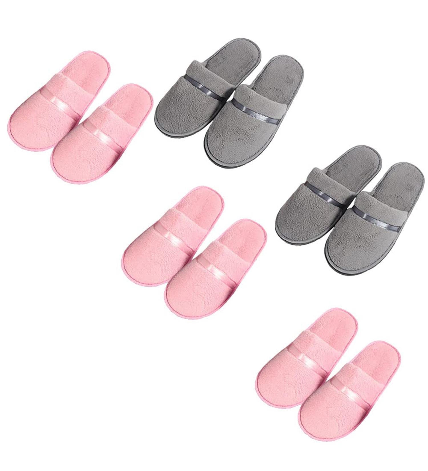 Tianmao 5 Pairs Hotel Slippers - Comfort Coral Fleece Guest Slippers with Closed Toes for Spa & Travel - Universal Size 28.5cm - Pink & Gray Set - Buy Online on GoSupps.com