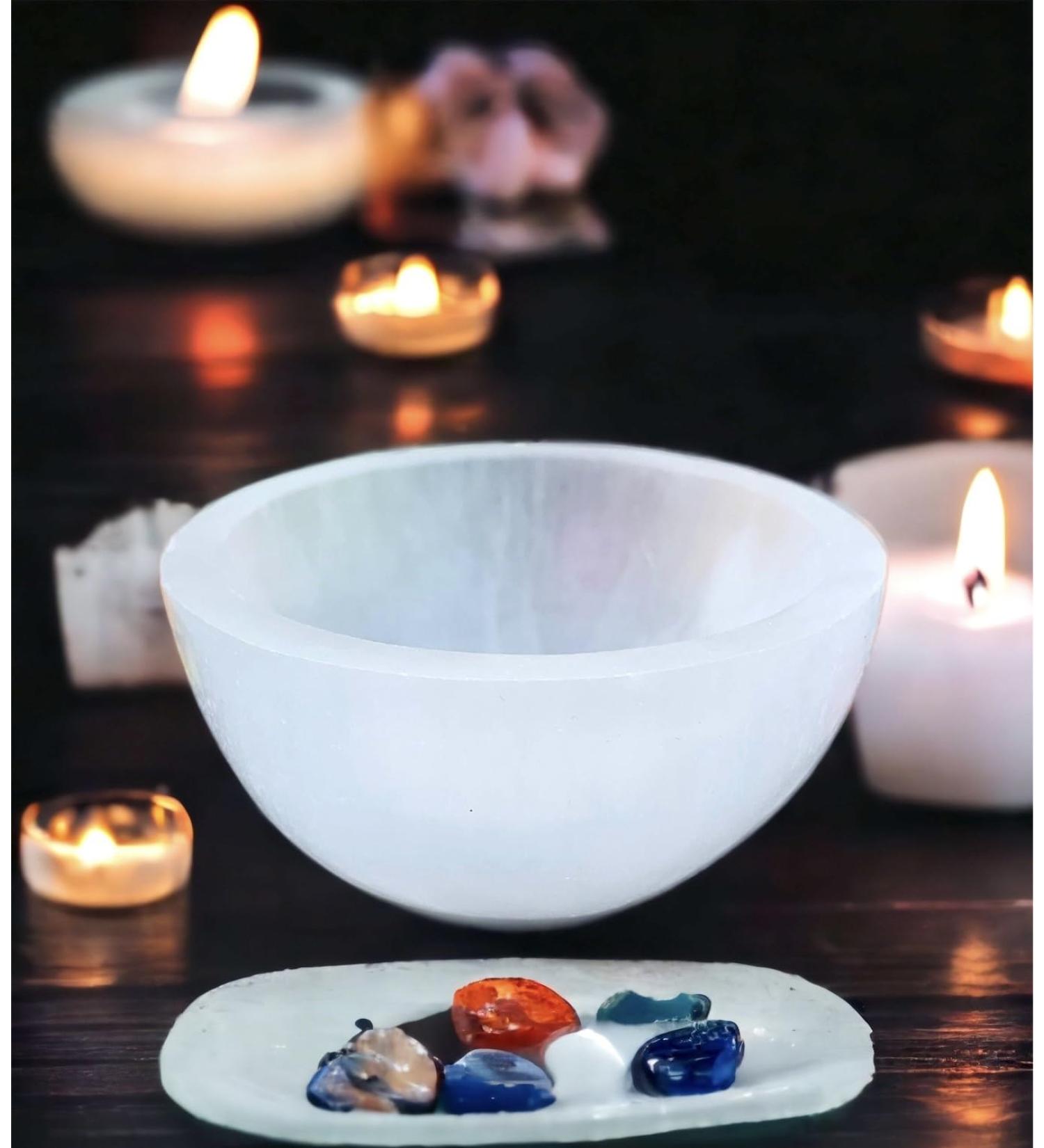 Selenite Cleansing Bowl - 14cm Round Stone for Spirit Healing, Meditation & Jewelry Storage - Buy Online on GoSupps.com